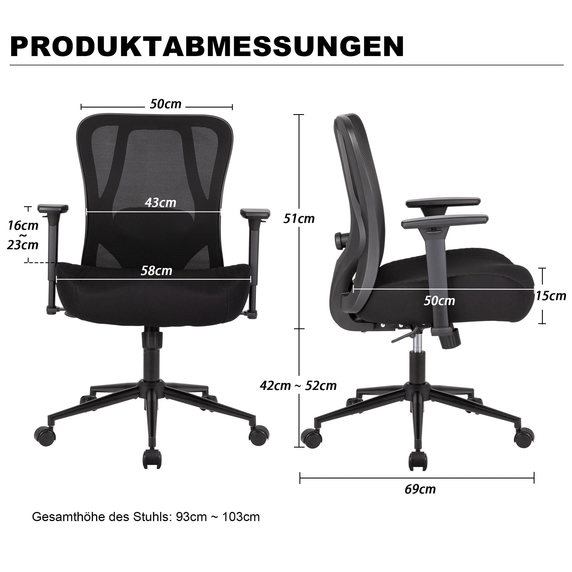 UEV Bürostuhl Ergonomisch bis 230KG, Wippfunktion, 73 x 69 x 93 cm, Schwarz | Schreibtischstuhl mit Armlehnen, höhenverstellbarer Arbeitsstuhl, Drehstuhl mit Netzbespannung, atmungsaktiv Stoff