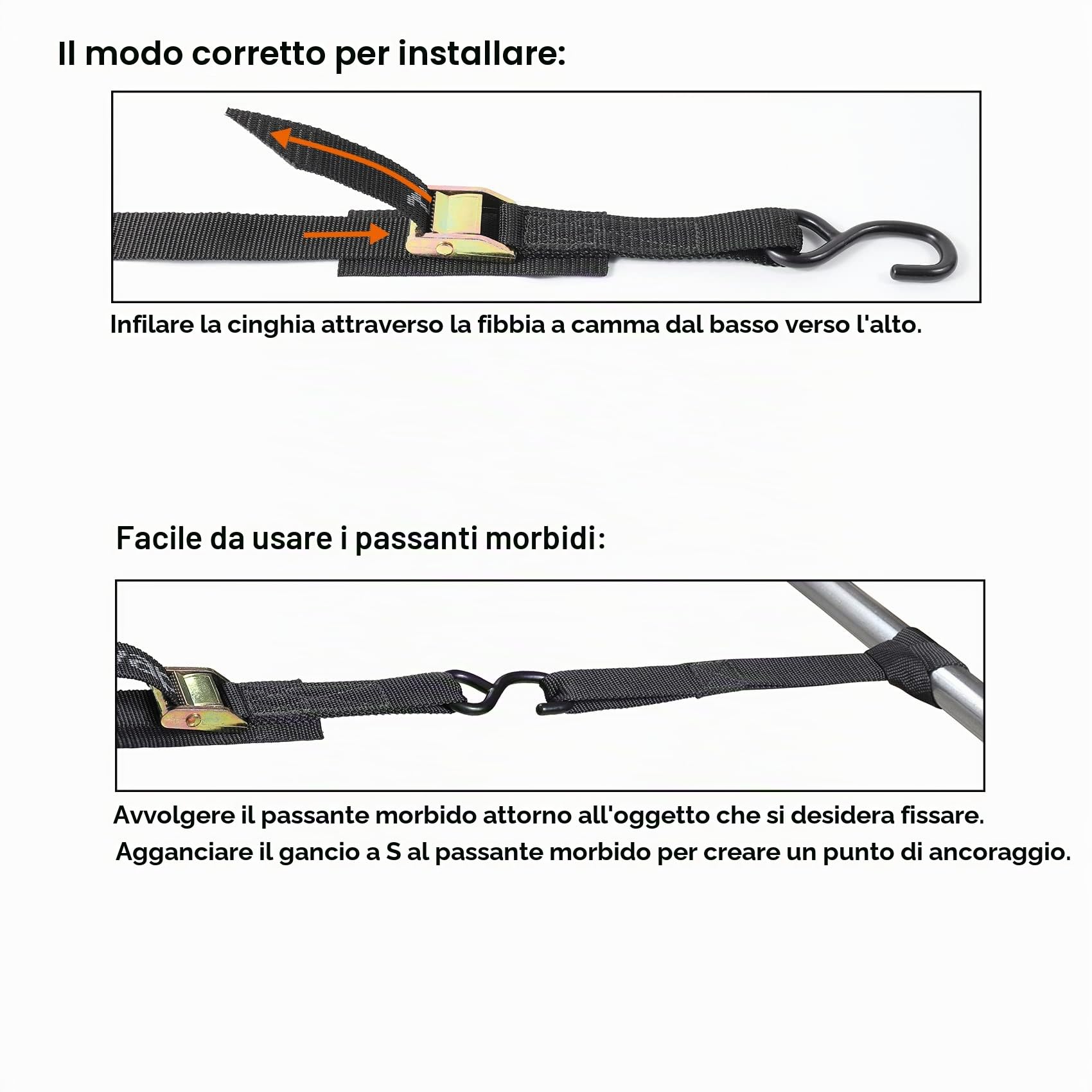 Ayaport Cinghie di fissaggio con fibbia a camma, 4 x 1000 kg, resistenza alla rottura, con ganci a S, per moto, kayak, auto, camion, barca, moto da cross, confezione da 4 (3 m)