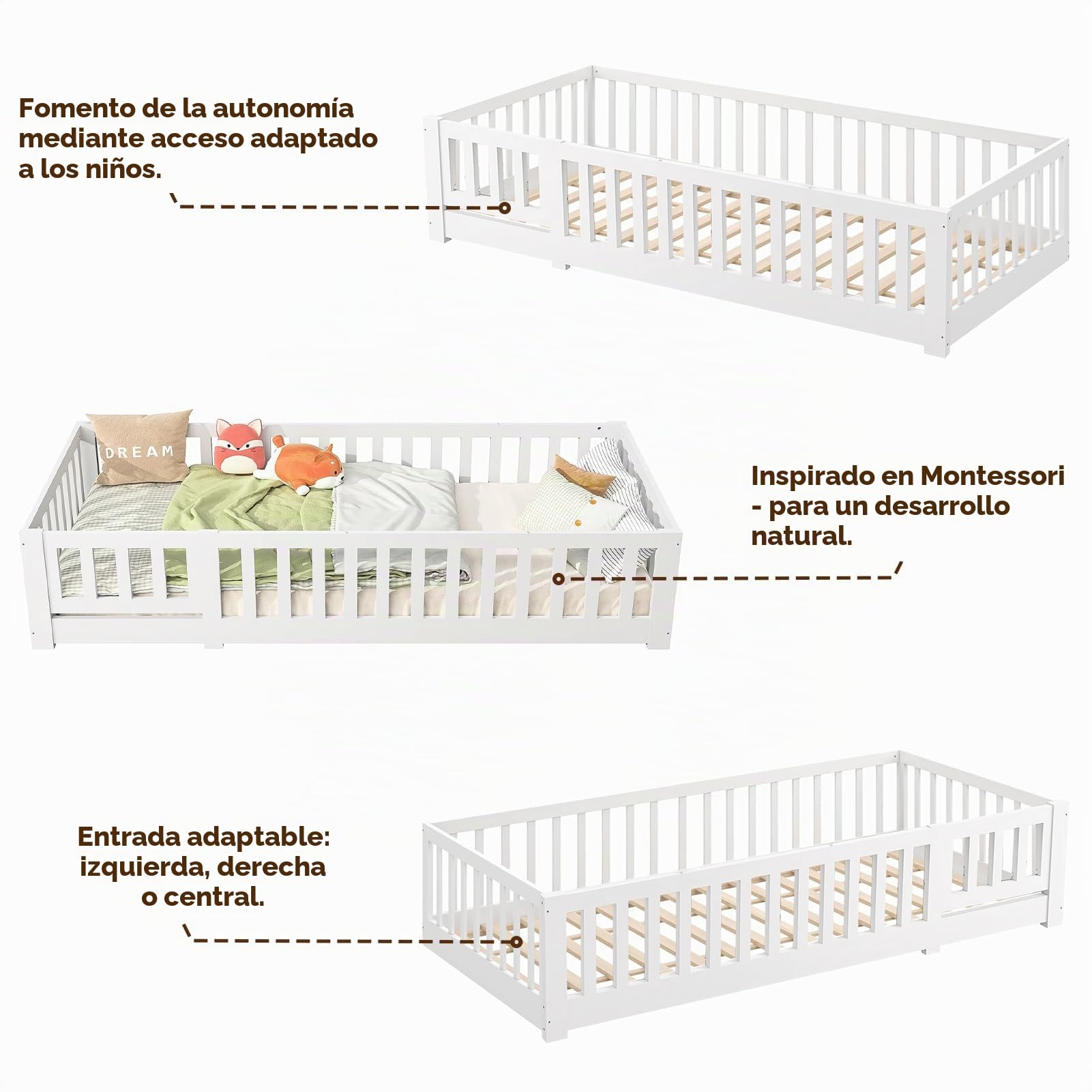 Cama infantil 90 x 200 cm con somier, marco de cama de madera con valla y puerta, cama Montessori con protección anticaídas, para niño y niña, color blanco