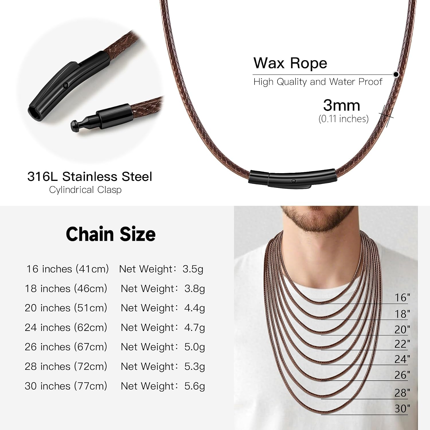 Waterproof Braided Leather Necklace Cord Chain for Men Women, with Sturdy Silver/Black Clasp, 2MM/3MM Flexible Brown/Black Rope Chain for Pendant 16"-30" Length (Send Gift Box)