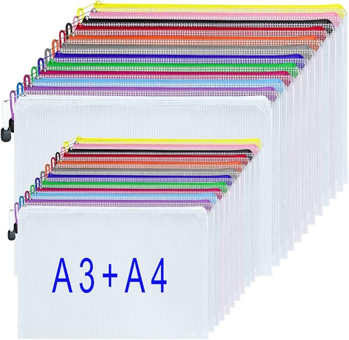 24PCS A3 Plastic Wallets A4 Zip Wallets Zip Document Folder Large