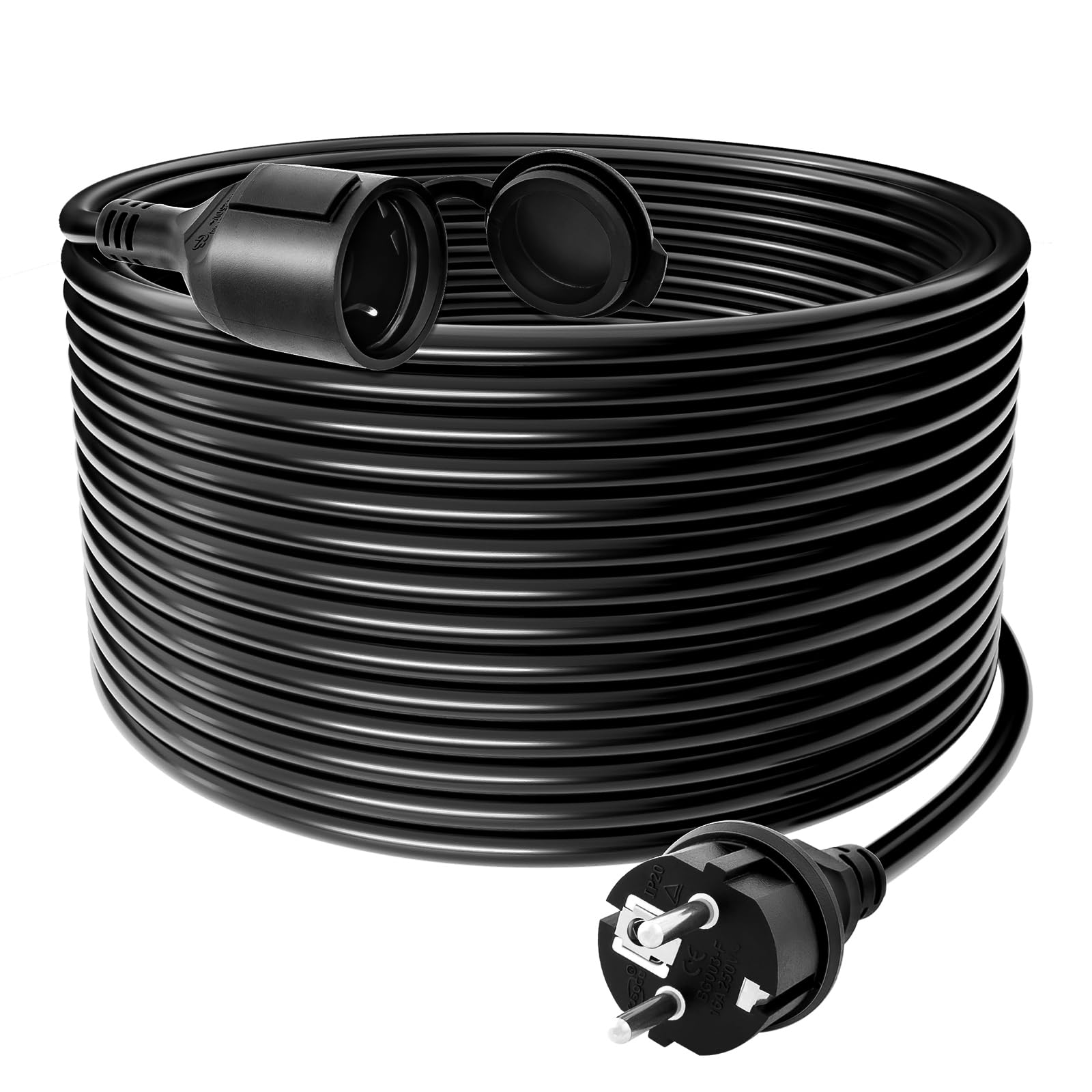 Außen-Stromverlängerung 40m, Verlängerungskabel 40m mit Schutzkappe - IP44 außen, Querschnitt 3G1,5 mm², Belastungsgrenze 16A/250V, Schutzkontakt für innen & außen