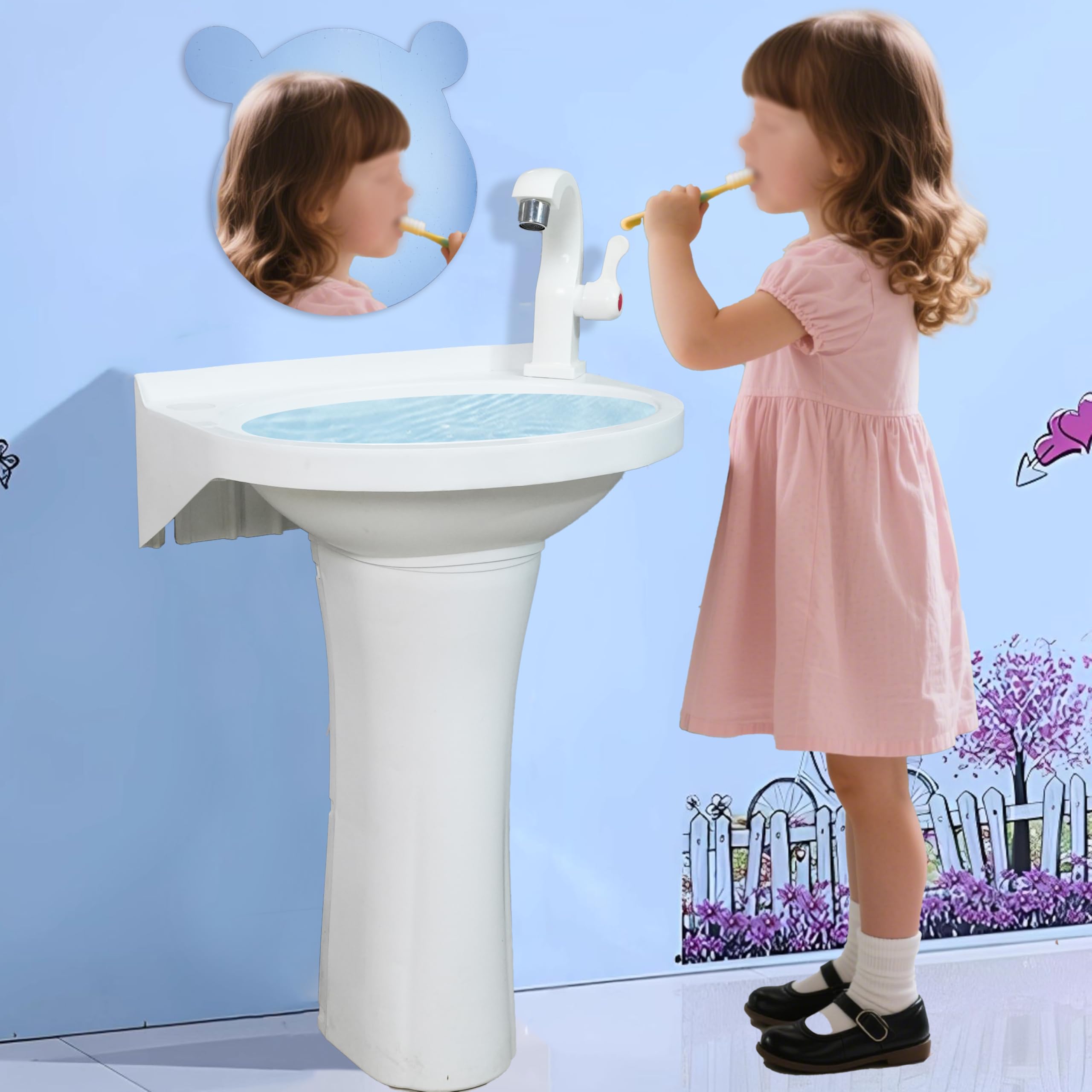 Évier sur pied en plastique pour tout-petits – Petit lavabo de salle de bain pour enfants – 40 x 28 x 53 cm – Installation sans perçage – Autocollant avec trou de robinet pour salle de bain – Colonne