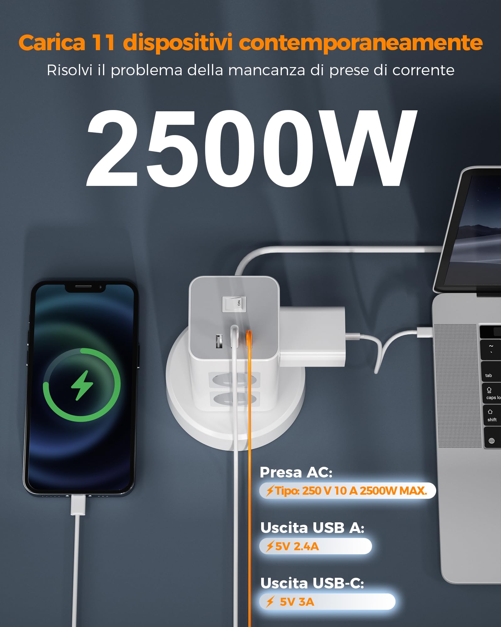 TESSAN Ciabatta Multipresa con 1 USB C, Ciabatta Elettrica con 8 Presa, Prolunga Retrattile 2M, Torretta Multipresa da Scrivania con 1 Interruttori Indipendenti, Girgio