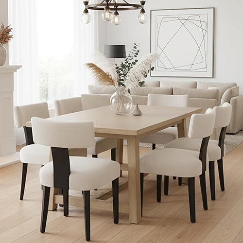 HNY Mid Century Modern Farmhouse Dining Chairs Set of 6, Linen Upholstered Accent Chair Curved Backrest Kitchen Chairs, with Black Hardwood Frame, Beige