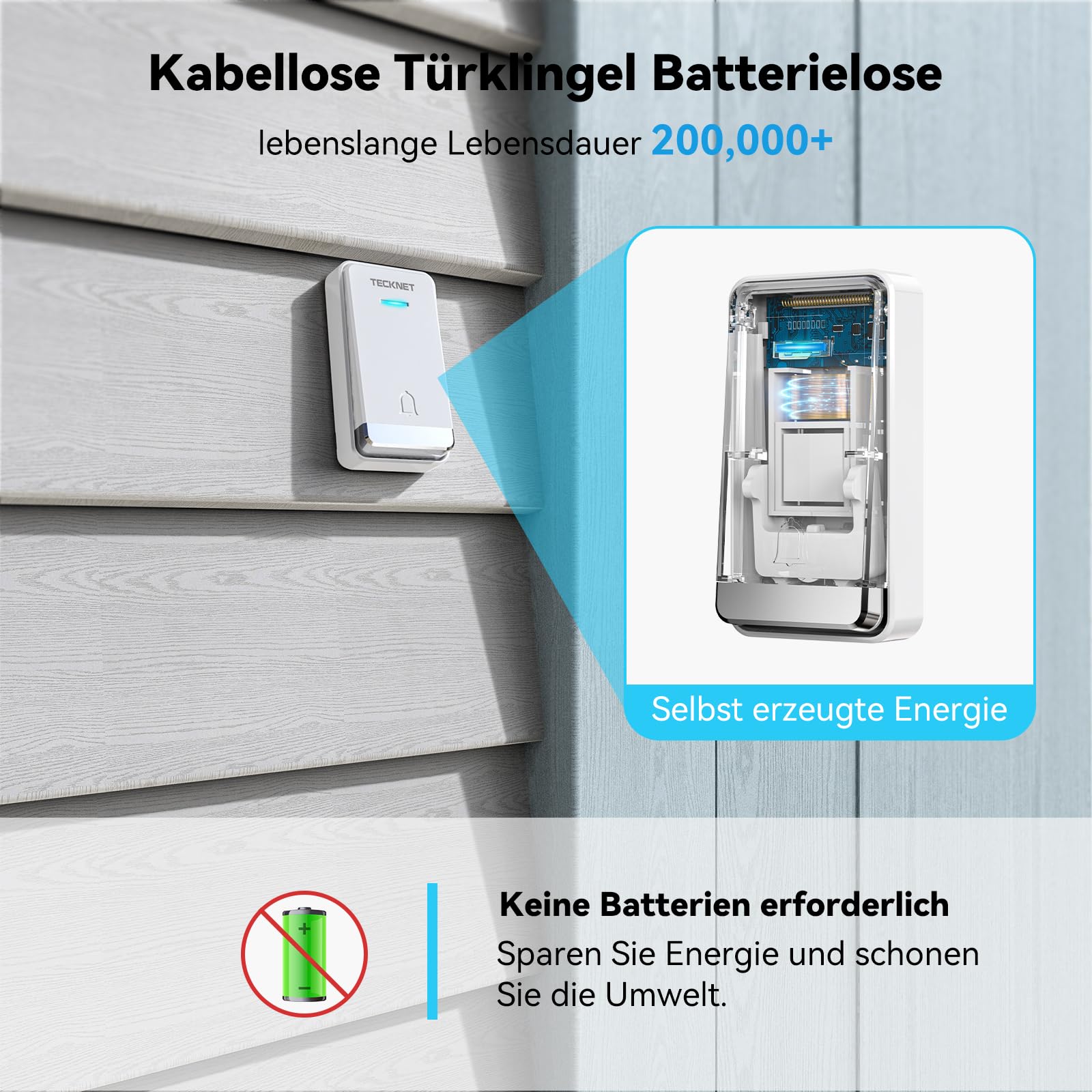 TECKNET Kabellose Türklingel Batterielose, Steckdosen-Funkklingel Wasserdicht Drahtloses Funk Türklingel mit 3 EU-Steckdose und 1 Sender, 400m, 60 Laute Melodien, 5 Lautstärke Stufen, LED-Blinken