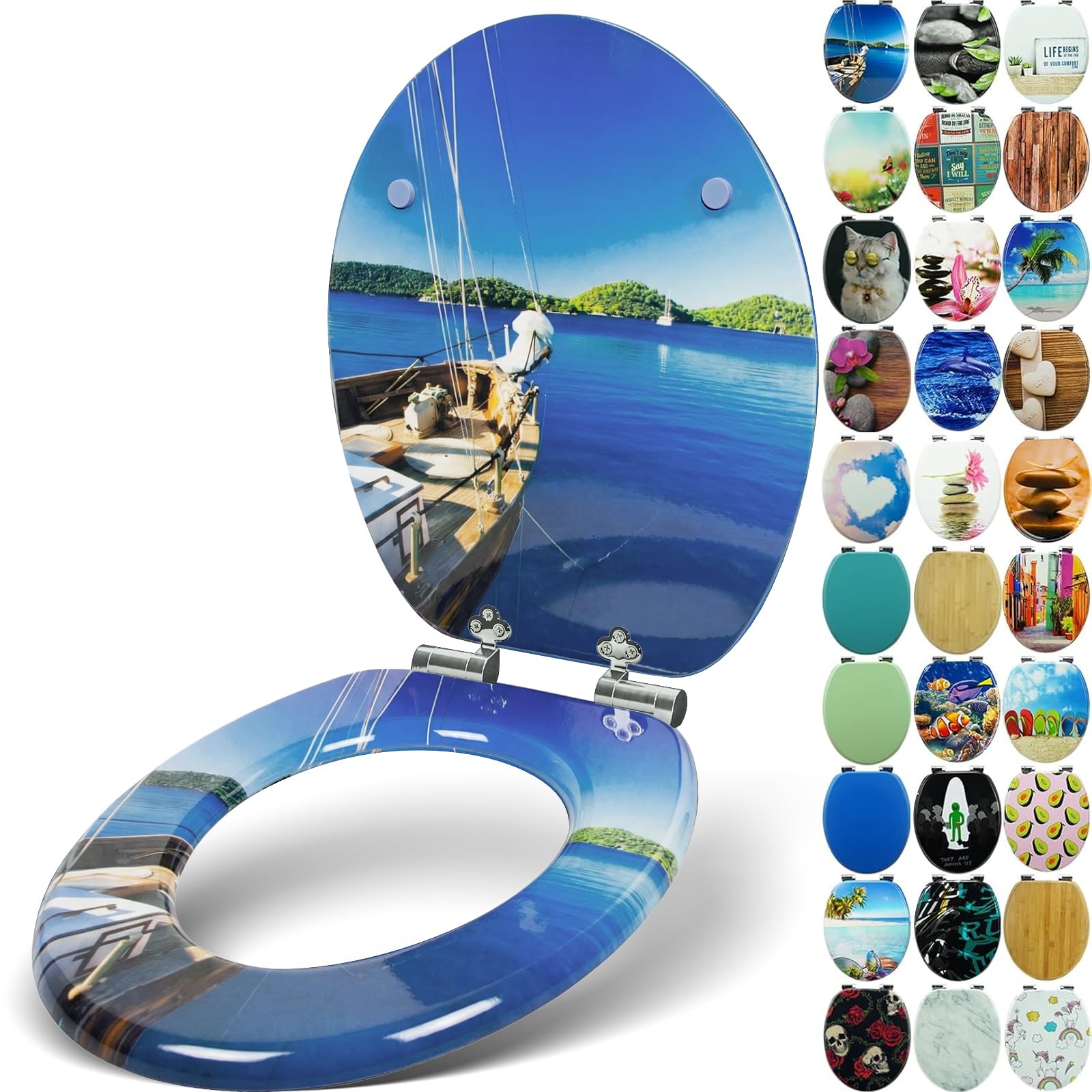 Sanfino® Premium Toilet Seat with Soft Close - Wooden Toilet Lid, Lots of Colourful and Decorative Designs, high Seating Comfort, Easy to Install Including Instructions - "Boat" — image 1