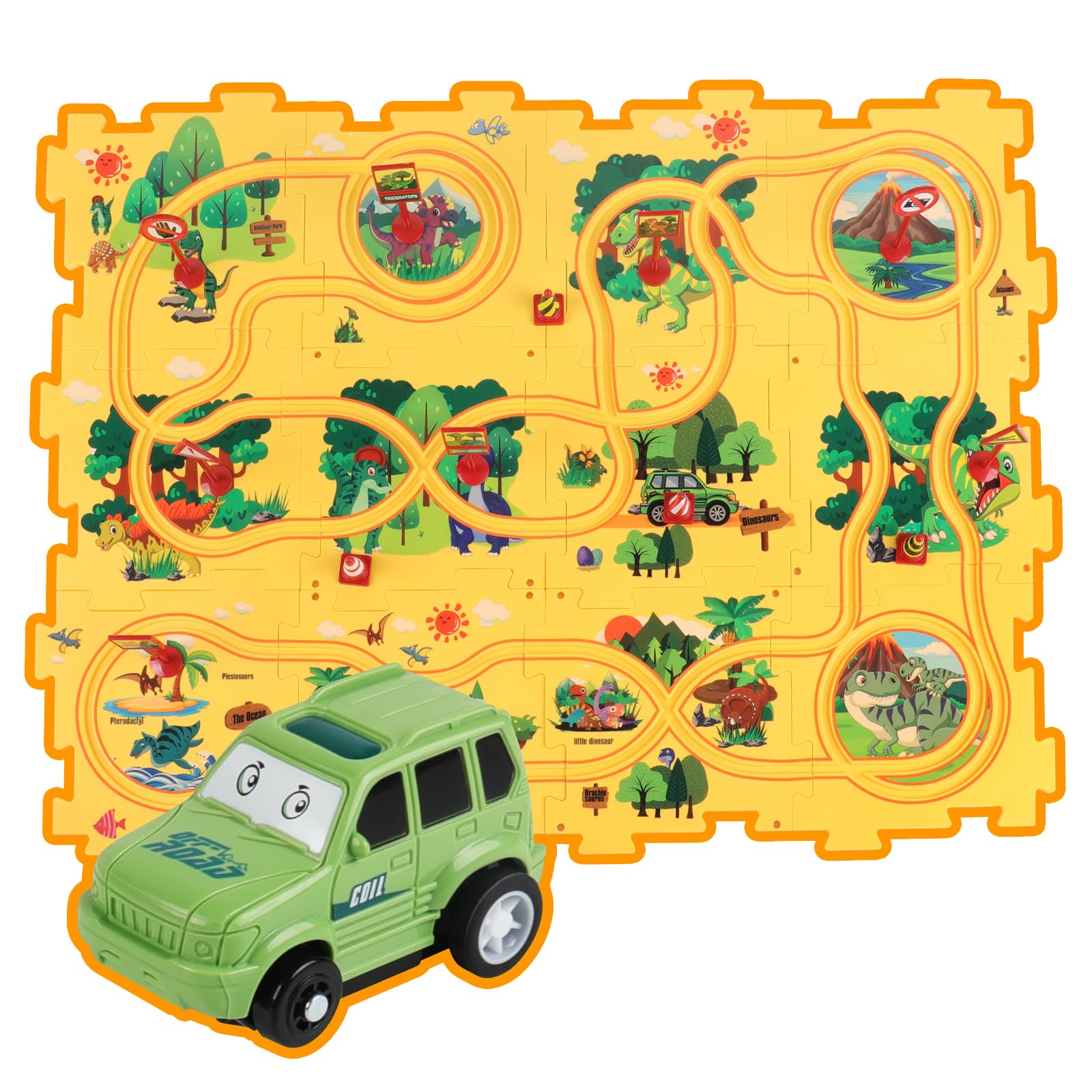 YOOYID Dinosaurier Puzzles Rennbahnen für Kinder im Alter von 3-5 Jahren Kleinkind Kunststoff Puzzle Track Rail Car Playset Track Slot Car Lernspielzeug für 3 4 5 6 Jahre alte Jungen Mädchen