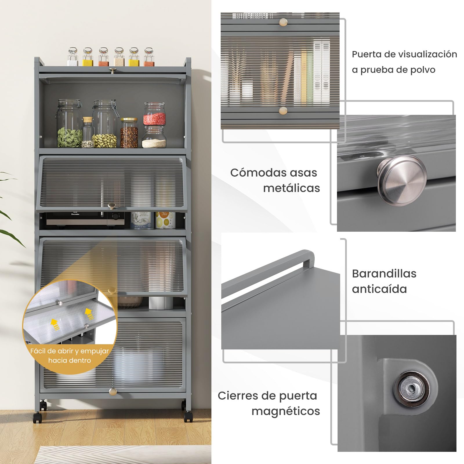 COSTWAY Estantería de Cocina de 5 Niveles, Estantería de Almacenamiento con 4 Puertas de PC y 4 Ruedas Giratorias, Armario de Cocina con Kit Antivuelco para Cocina, Entrada, y Saló, Gris