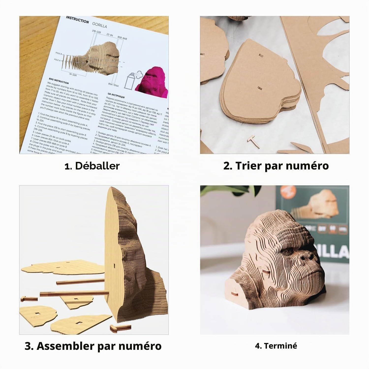 Singe Gorille Puzzle 3D en Carton – Maquette à Monter | 116 Pièces, 15 × 15 × 14 cm – Kit Sculpture DIY à Peindre, Matériaux Recyclés, Ados & Adultes, Idée Cadeau Déco