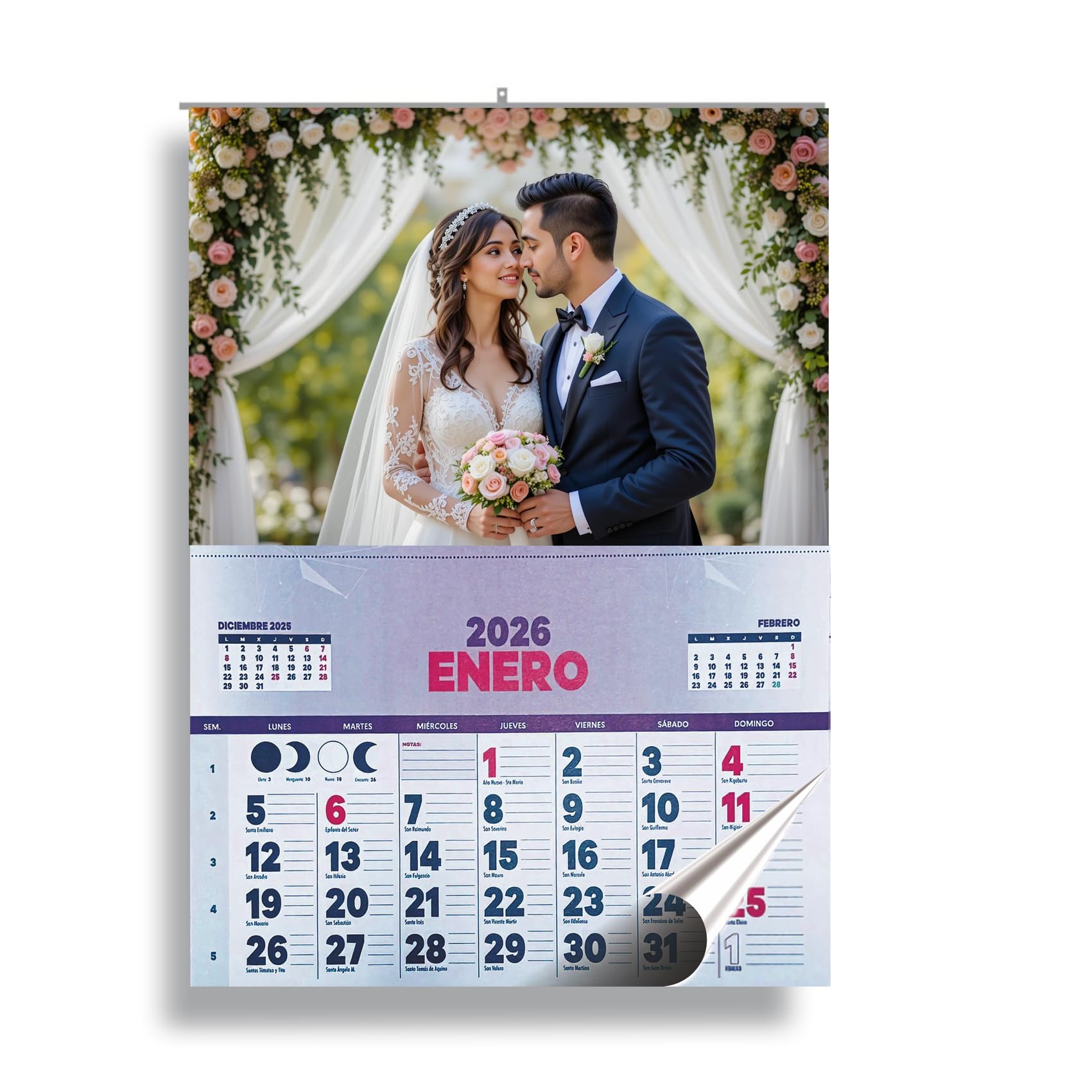 Calendario de pared personalizado 2026 – Lámina con tu fotografía o diseño y faldilla de 12 meses con espacio para notas (5 unidades (6€ unidad))
