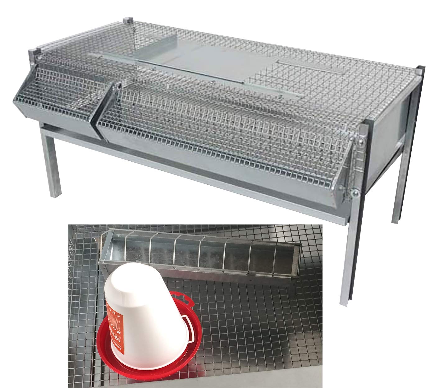 Gabbia Sovrapponibile in Rete Zincata per Quaglie Ingrasso (40-50 Capi). Max Ingombro cm 46 x 100 x H 50. In Omaggio Abbeveratoio e Mangiatoia Supplementari