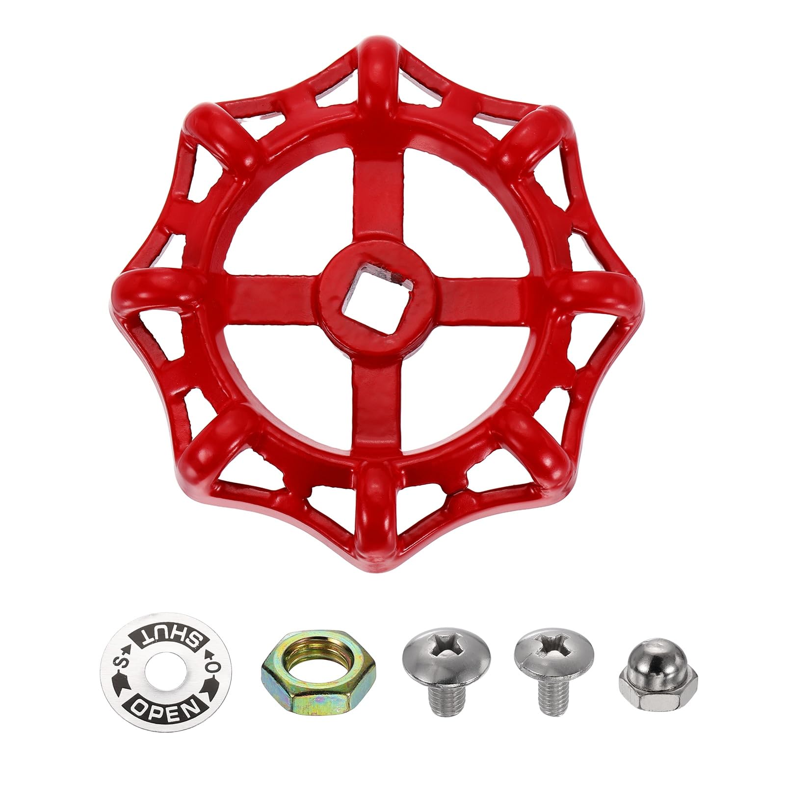sourcing map Outdoor Faucet Water Spigot Handle, 10 x 10mm Round Wheel Square Stem Hole Cast Iron Hose Bib Outside Faucet Valve Handles Replacement for Garden Courtyard Bathroom, Red