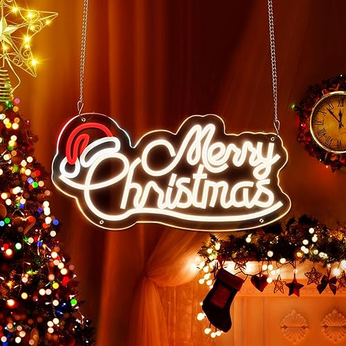 Firzycie Letreros de neón de Feliz Navidad, alimentados por USB, luces LED de neón acrílicas regulables de 15 x 7.7 pulgadas, decoración de pared