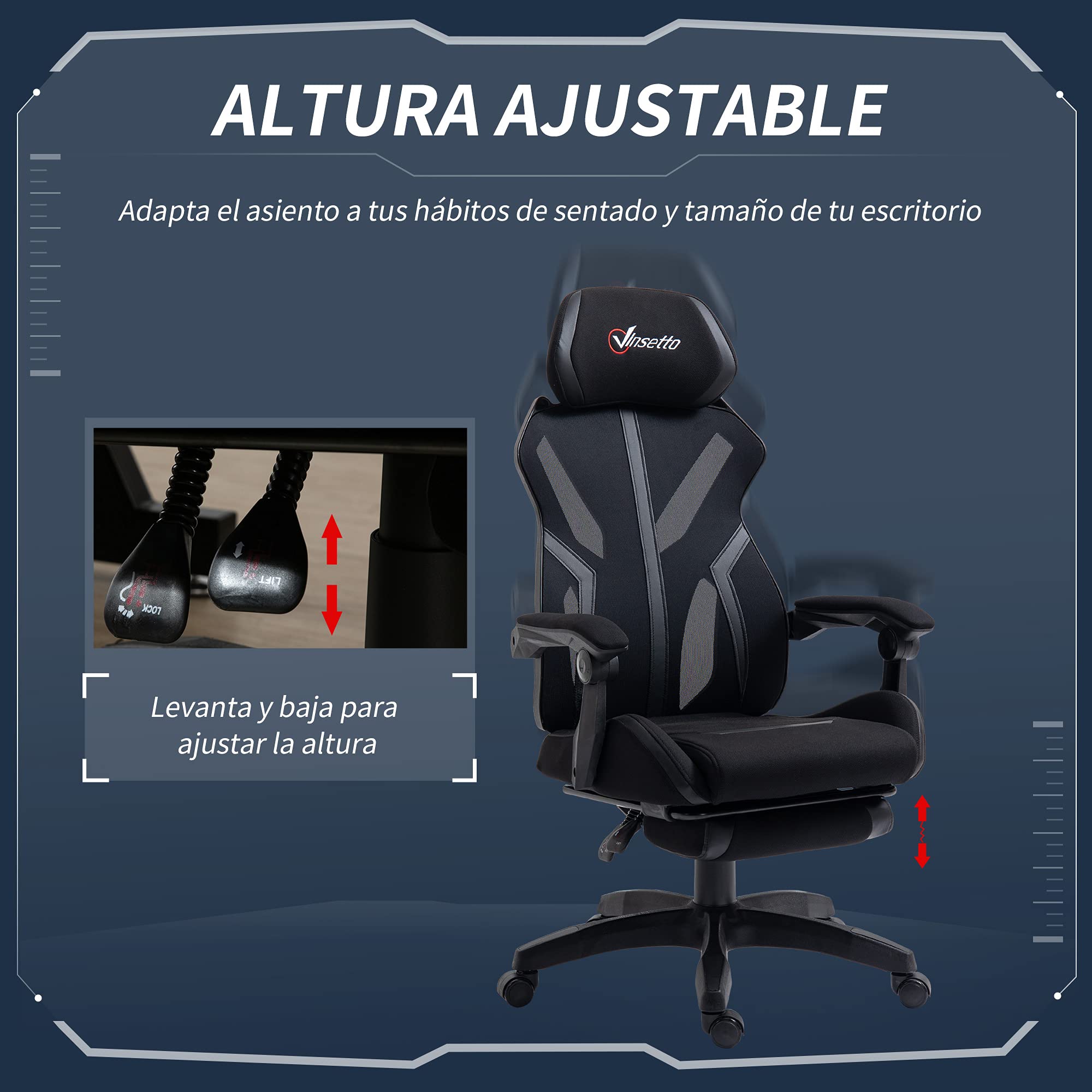 Vinsetto Silla Gaming con Reposapiés Retráctil 65x65x119-129 cm Negro | Silla de Oficina Giratoria Reclinable, con Reposacabezas, Altura Ajustable