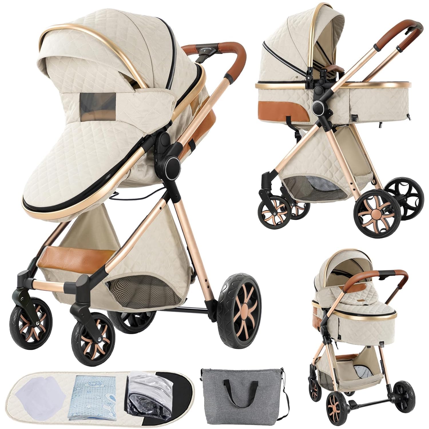 2 in 1 Baby Stroller, Reversible Convertible Infant Stroller of One-Click Folding, Newborn Travel Strollers Toddler Standard Pram Carriage White