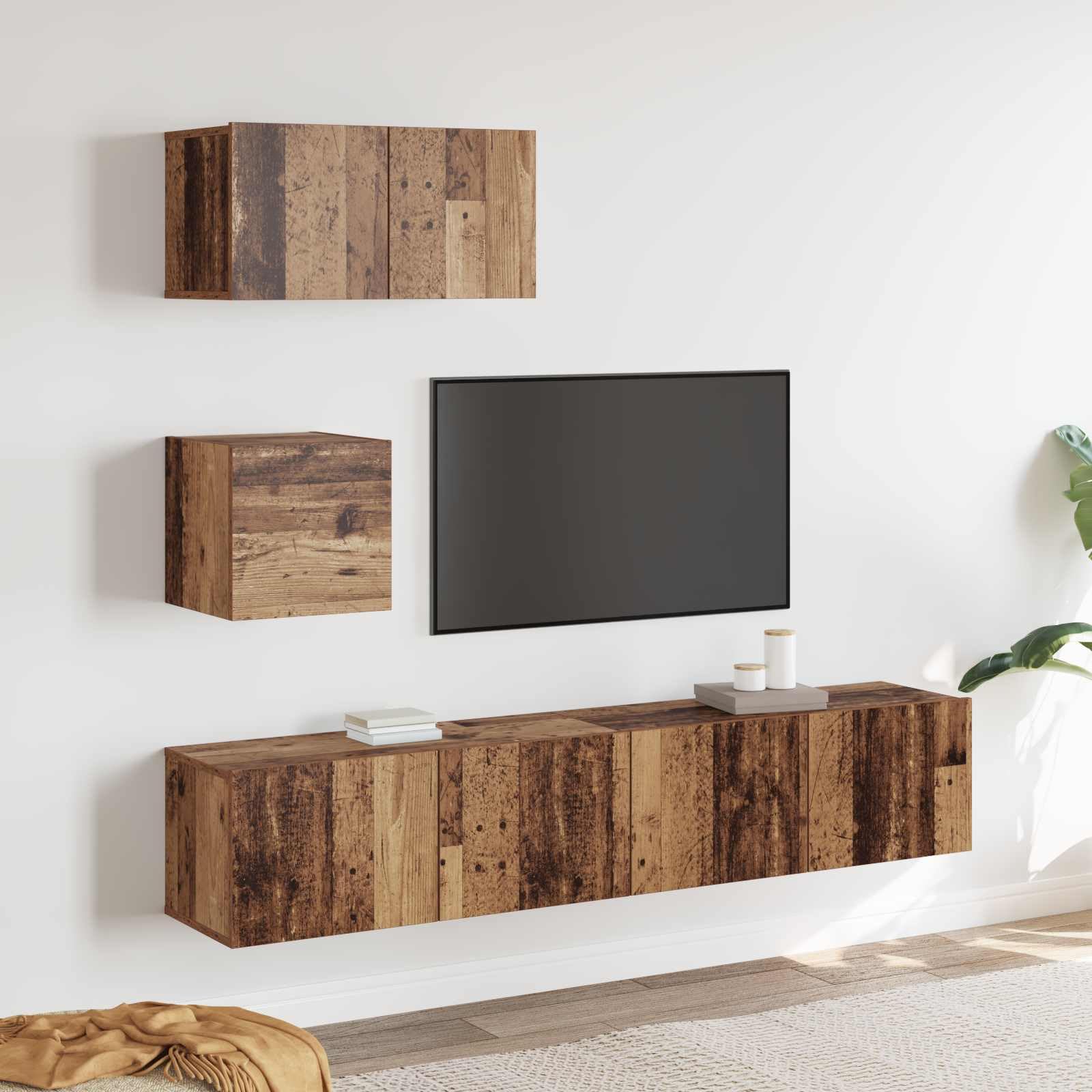 TV-Schrankset Wandmontiert 3-teilig, Altholz Holzwerkstoff, Modernes Media-Center für Wohnzimmer und Schlafzimmer, Platzsparendes Design mit Stauraum