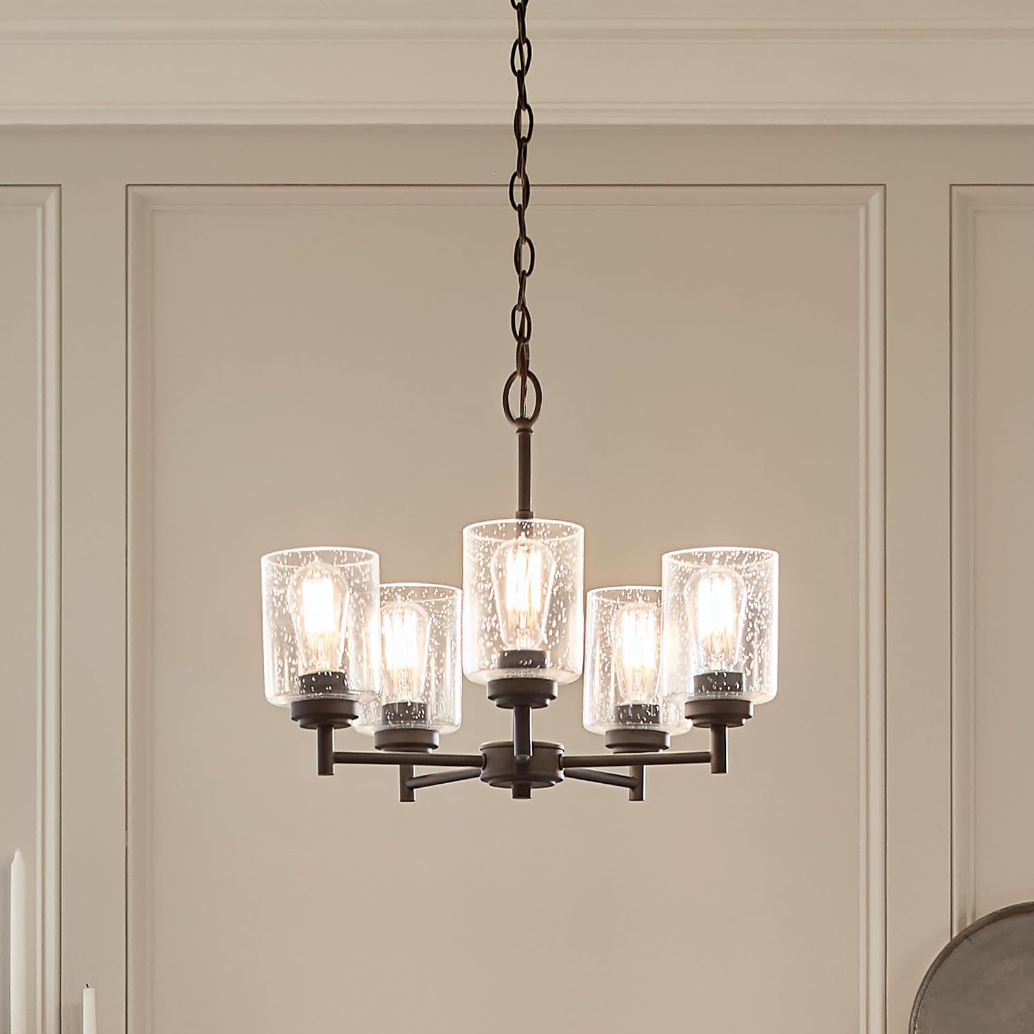 Kichler Winslow 19.75" 5-Light Chandelier Light with Clear Seeded Glass in Black for Kitchen, Bar, Dining Room, Living Room (19.75" x 16.25"), 44030BK