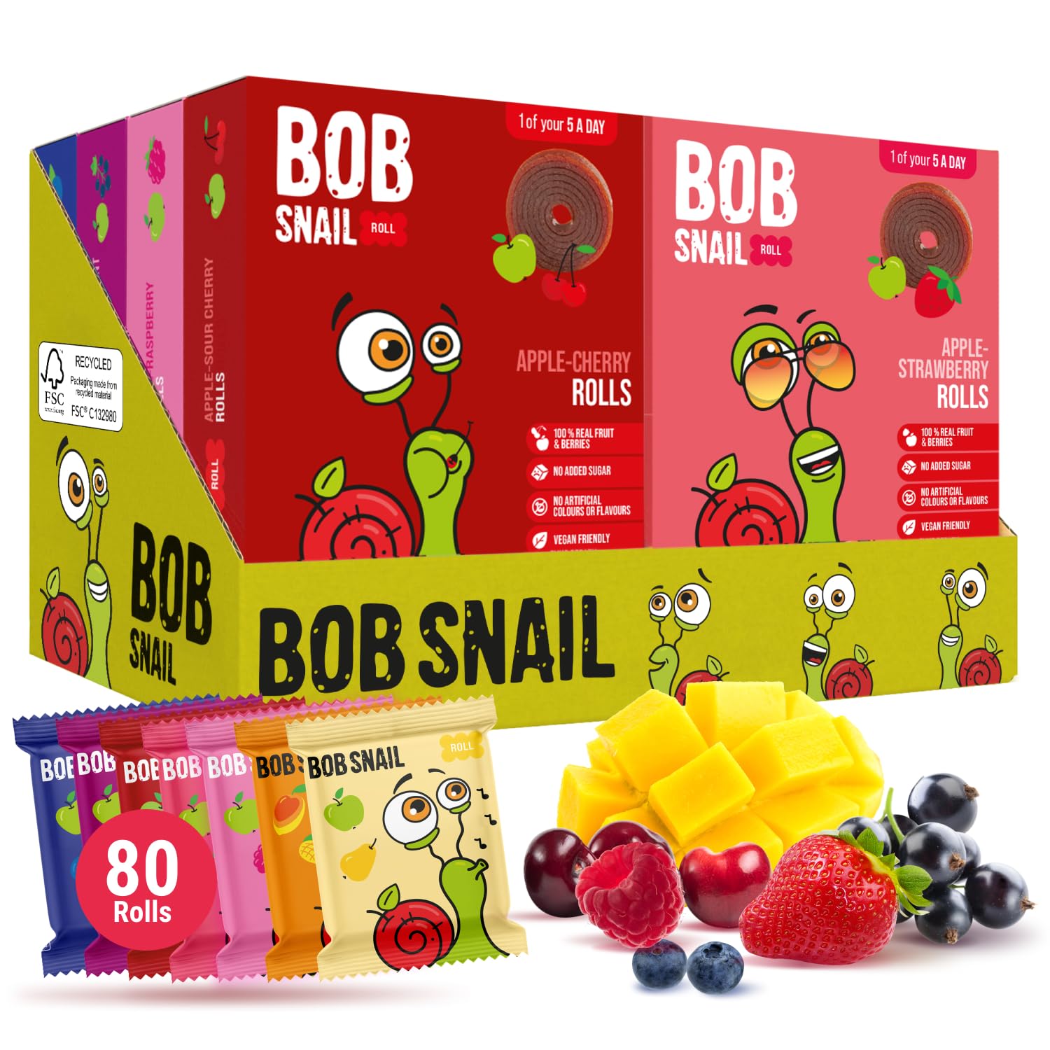 Sponsored Ad – Bob Snail Fruit Roll Ups – Healthy Sweets Snacks, Real Dried Fruits, No Added Sugar, Vegan, Nut Free, Candy for Adults, Kids, with Berry Mix, Mango, Pear, Cherry – Bulk 80 pcs Rolls, 800g