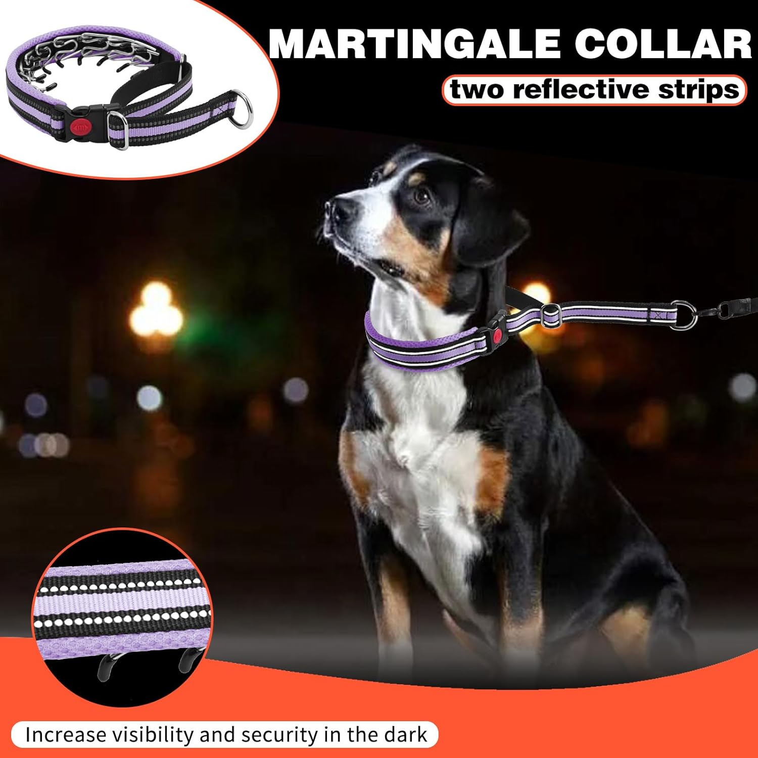 Martingale No Pull Dog Collar for Large Medium Small Dogs, Heavy Duty Nylon Adjustable Reflective Anti Pull Slip Collar with Buckle for Training Walking Hunting L Purple