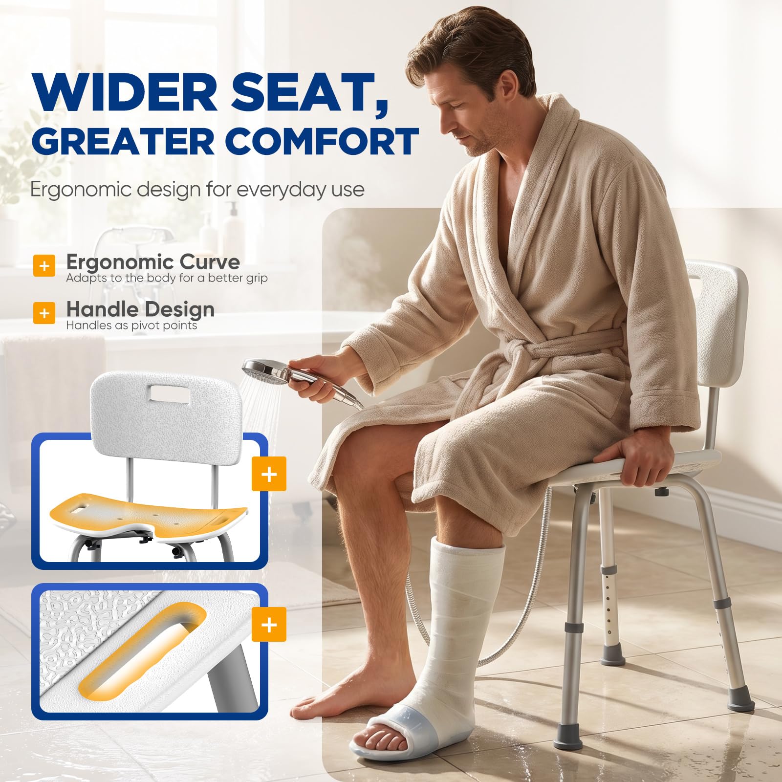 Silla de ducha con respaldo extraíble, taburete de ducha de altura ajustable para bañeras, asiento de ducha antideslizante para personas mayores y embarazadas, silla de ducha de aluminio con