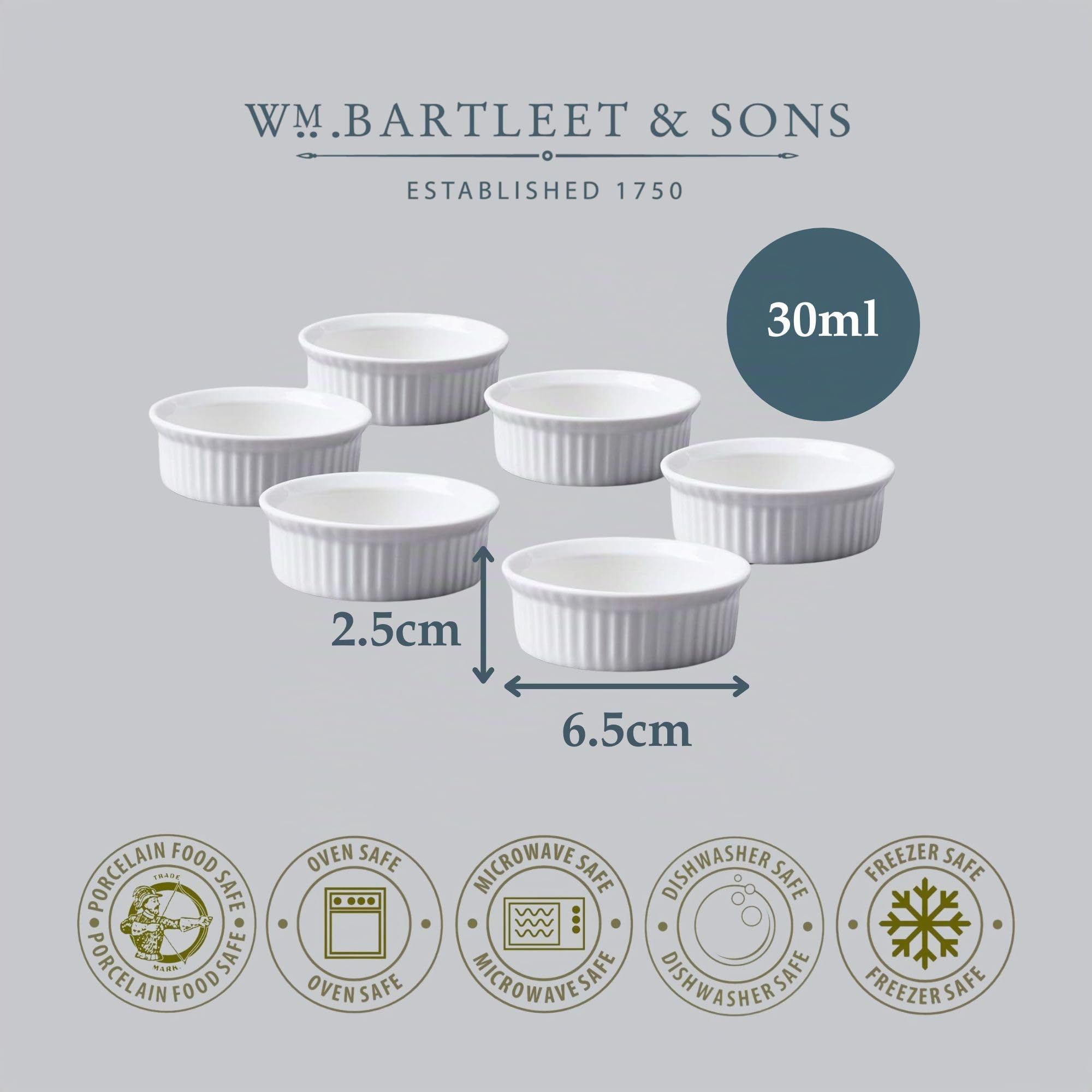 WM Bartleet & Sons 1750 Lot de 6 mini ramequins traditionnels en porcelaine Ø 6,5 cm avec - Blanc - TSET43