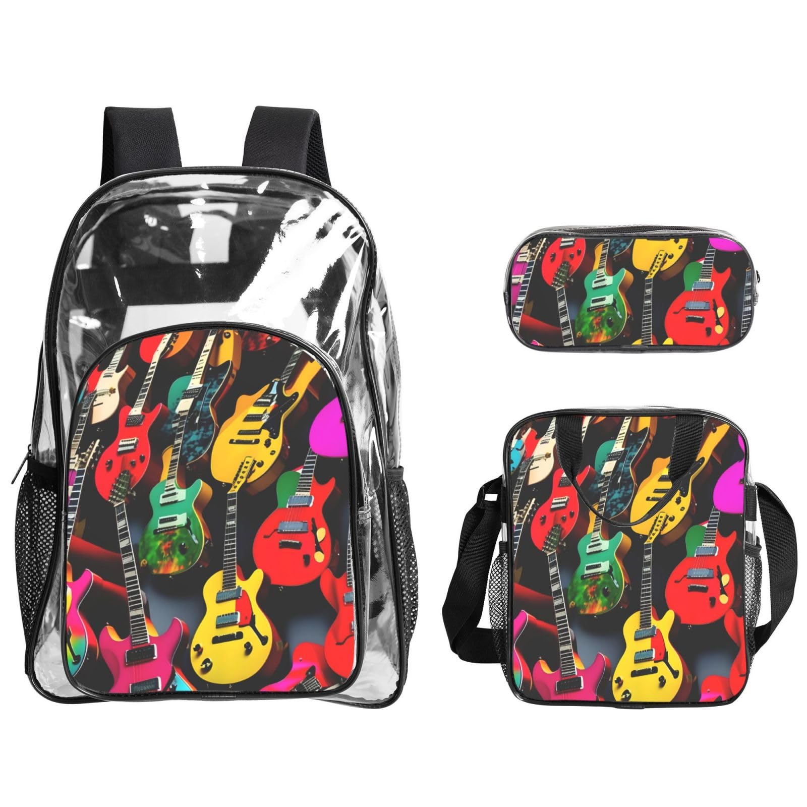 Kolorowy nadruk gitarowy przezroczysta lekka 3-częściowa torba na lunch Combo przezroczysty plecak zestaw szkolny podróż
