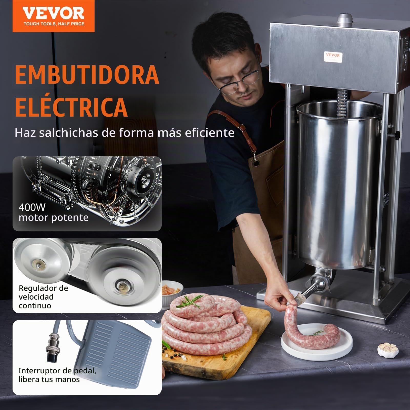 VEVOR Embutidora Eléctrica de Salchichas Vertical de 25 L, Motor de 400 W, Control de Velocidad Continuo y Pedal, Fabricada en Acero Inoxidable 304 Apto para Uso Alimentario, 460 x 420 x 930 mm