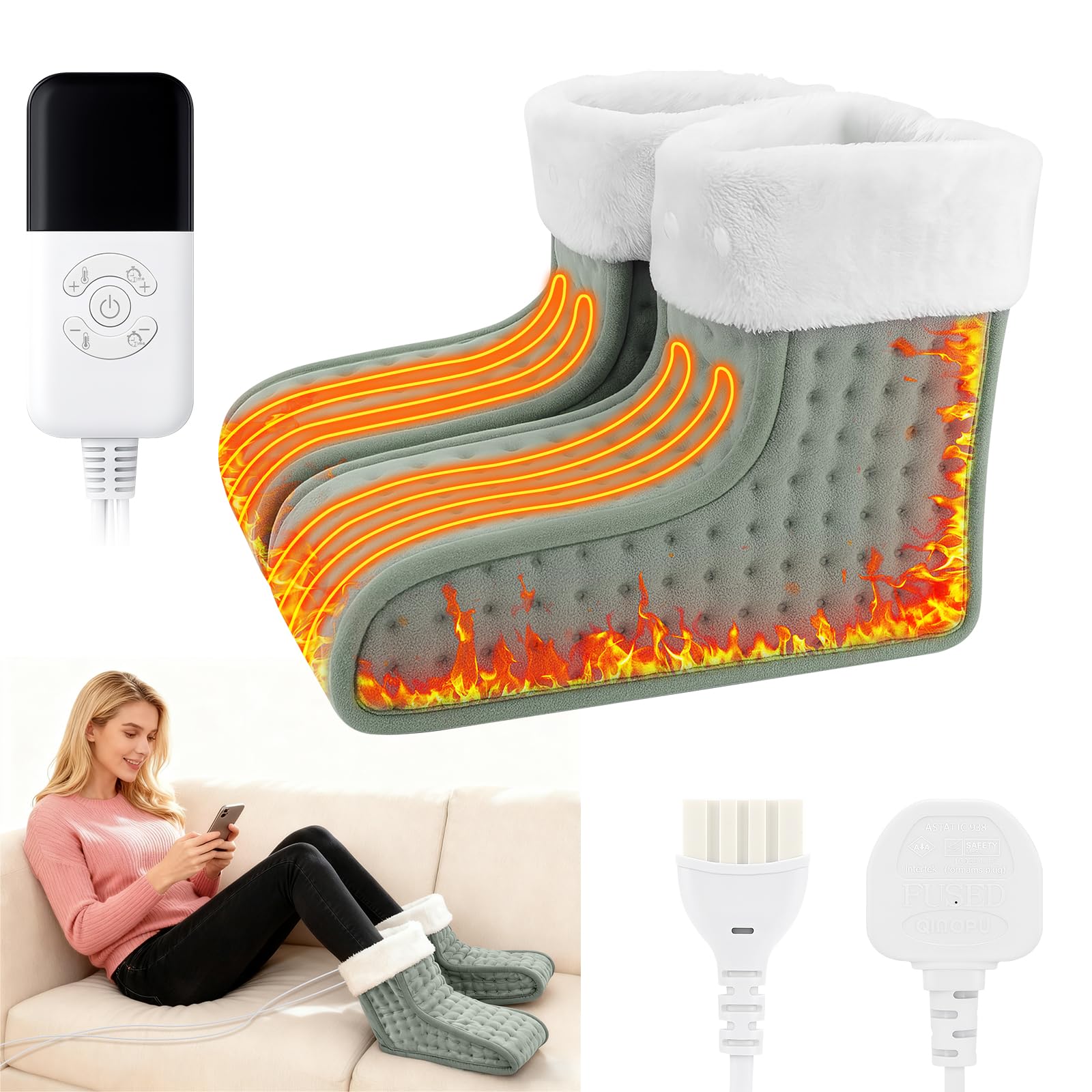 Calienta Pies, Separado Calienta Pies Electrico con (30 °C a 70 °C) Niveles de Calor (10-90 minutos) Temporizadores, Zapatillas Calefactables con Forro Lavable para Hombre y Mujer, Apagado Automático
