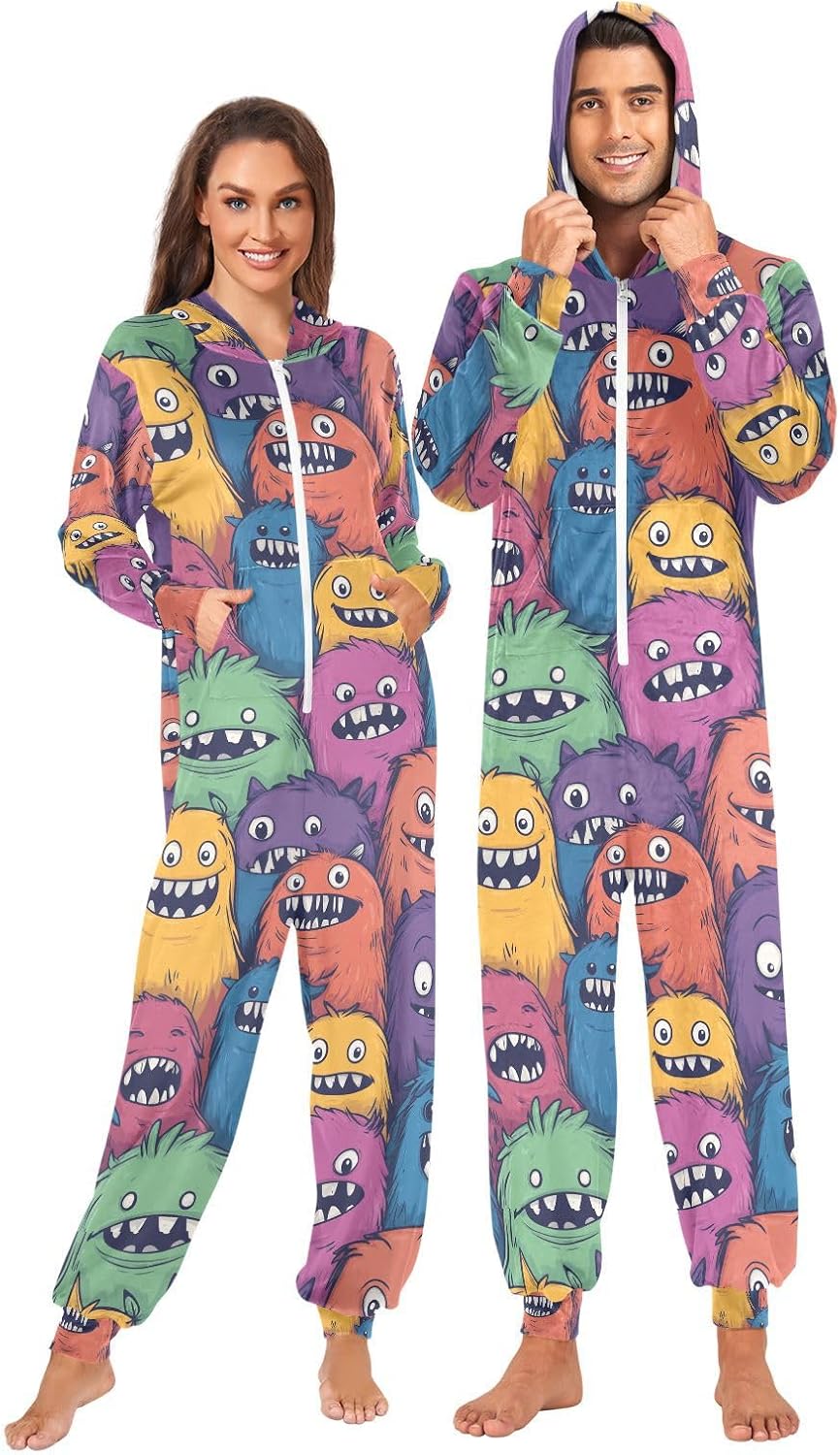 Halloween Doodle Cartoon Monster Zipper Hooded Adult Jumpsuit Pajamas with Pockets XS-3XL