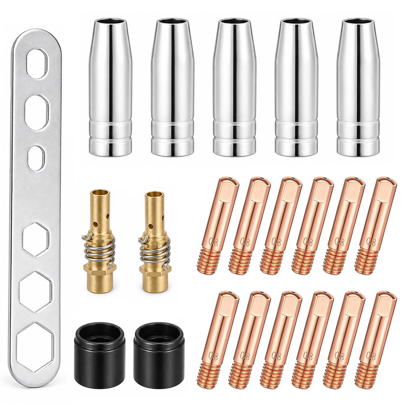22PCS MIG Welding Torch Consumables Kit for MB15 15AK, 0.8mm M6 Contact Tips, Welding Nozzles, Insulators, Diffuser Rods and Plate Tool, MIG MAG Welding Accessories Set
