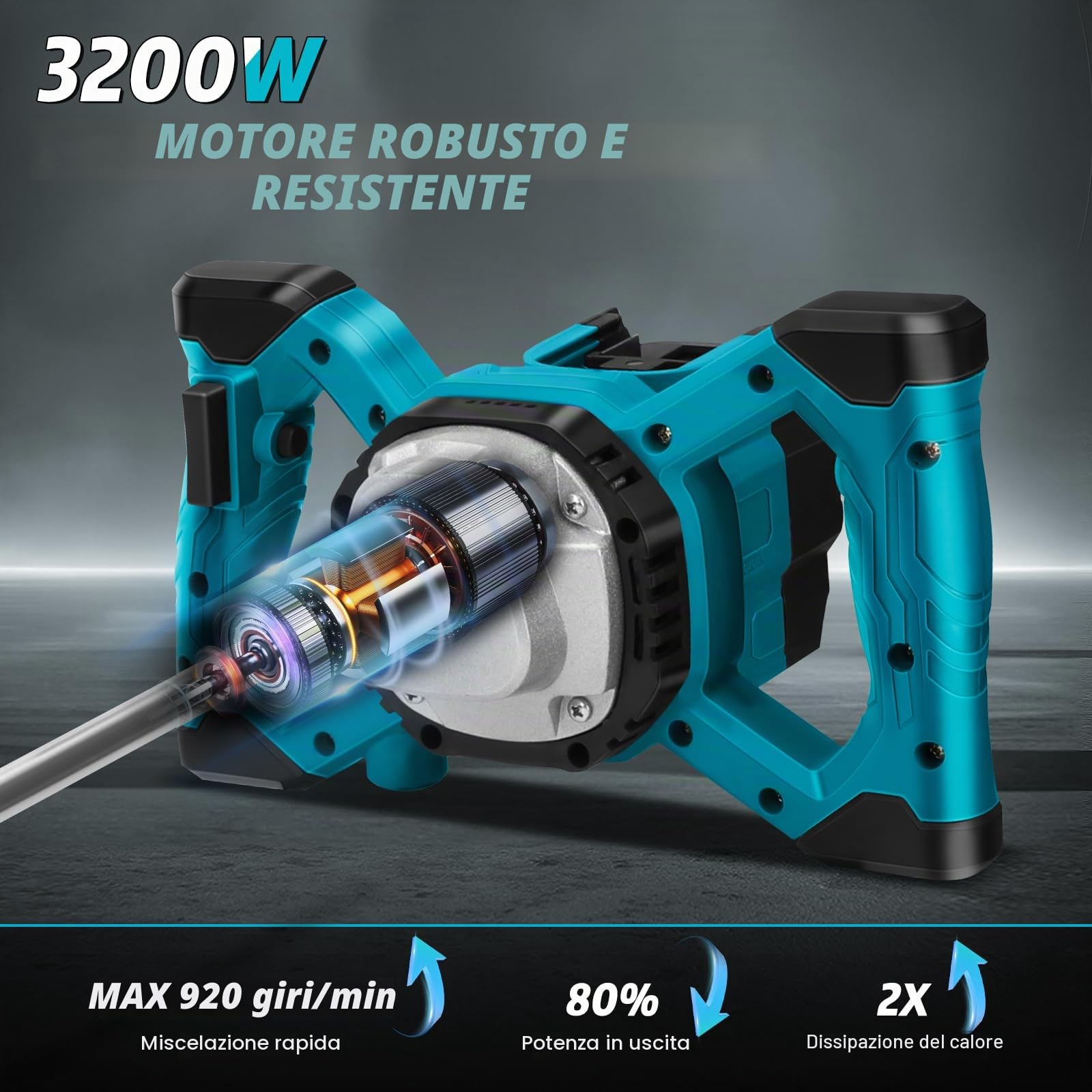 Miscelatore senza fili per vernice e calcestruzzo compatibile con batteria Makita 18 V, miscelatore elettrico a pagaia con 6 velocità, 2 fruste, per miscelare malta per mangimi (senza batteria)