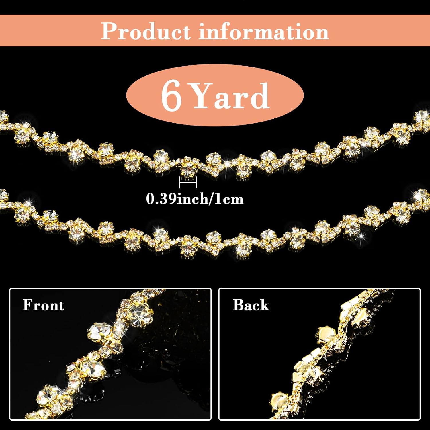 Kigeli Bling Rhinestone Trim Crystal Chain Applique Rhinestone Applique Sewing Embellishments for DIY Dress Clothing Wedding Crafts Bridal Jewelry, 0.39 Inch Wide(6 Yards,Gold, White)