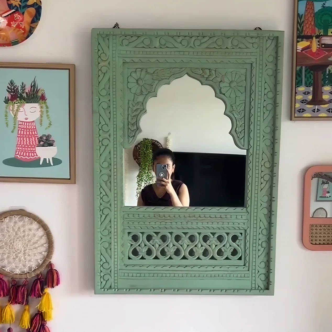 THE SARA ENTERPRISES Wooden Carved Minaret Wall Mirror Jharokha in Antique Green Vintage Wood - Mirrors Décor Home Décor Only Frame Without Mirror Frame Size (24) x (36) Inch-picture-17