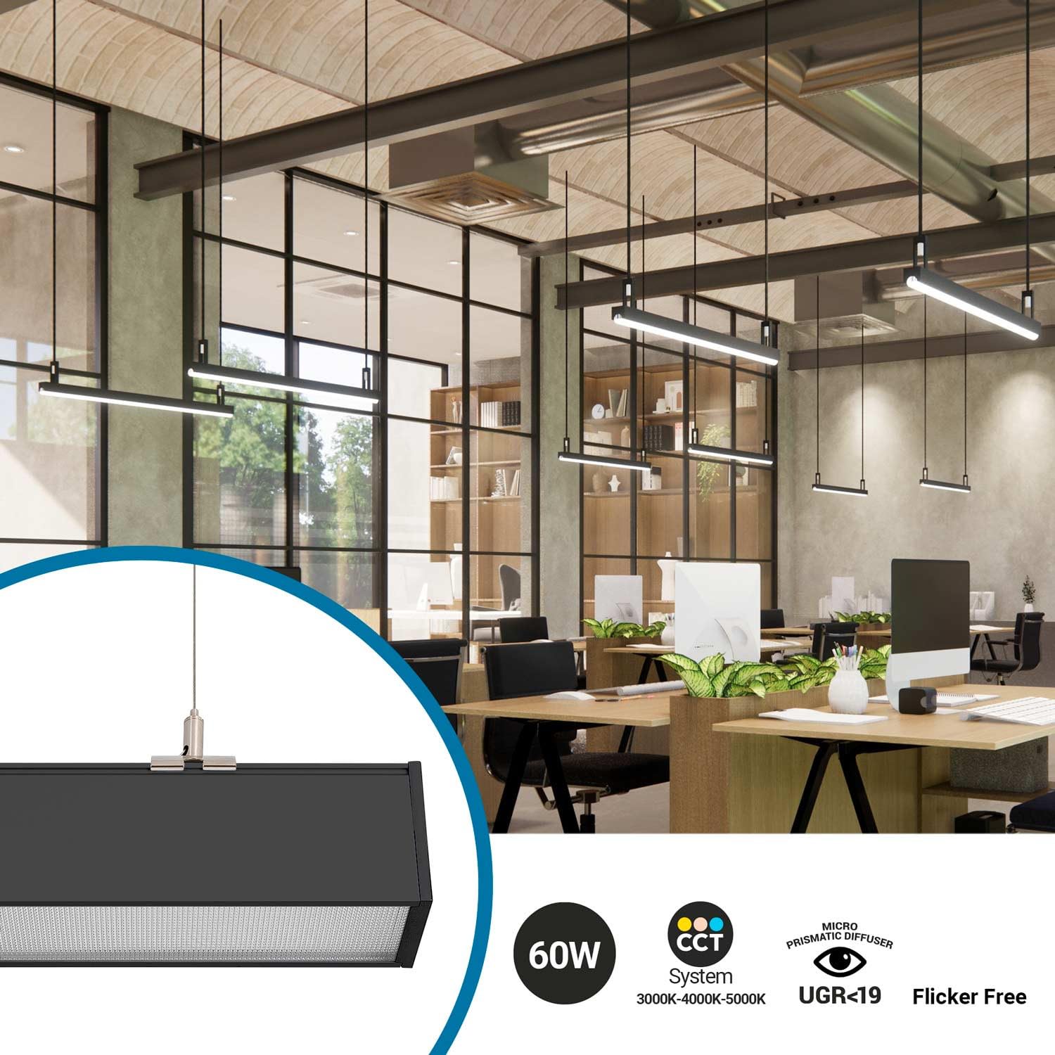 B·LED BARCELONA LED - Luminaria lineal LED CCT - 60W - Suspensión/superficie - Potencia ajustable - 180cm
