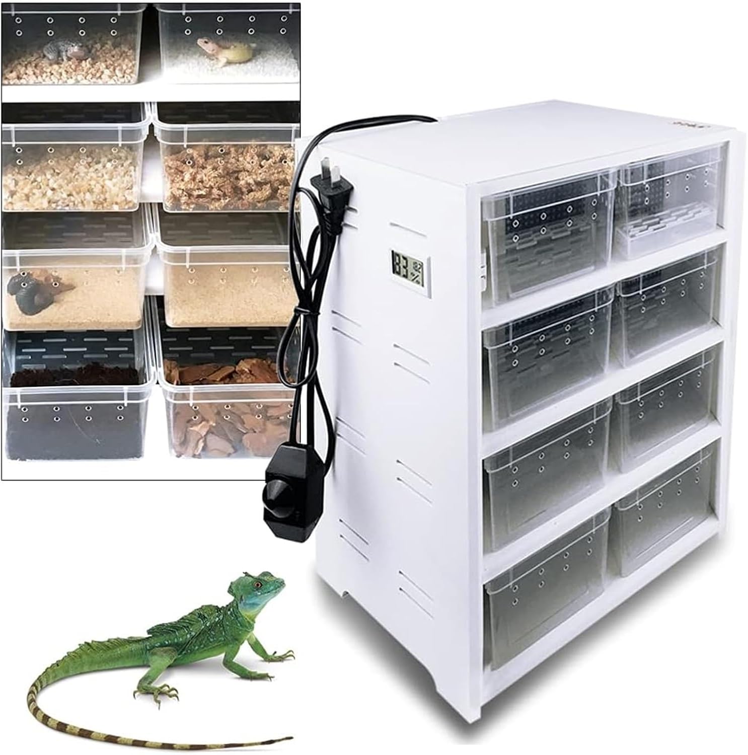 Reptile Feeding Box, Reptile Feeding Cabinet with Heating Pad Thermostat, Heating Pad Ventilation Mesh Pet Feeding Box for Cage Lizard, Black