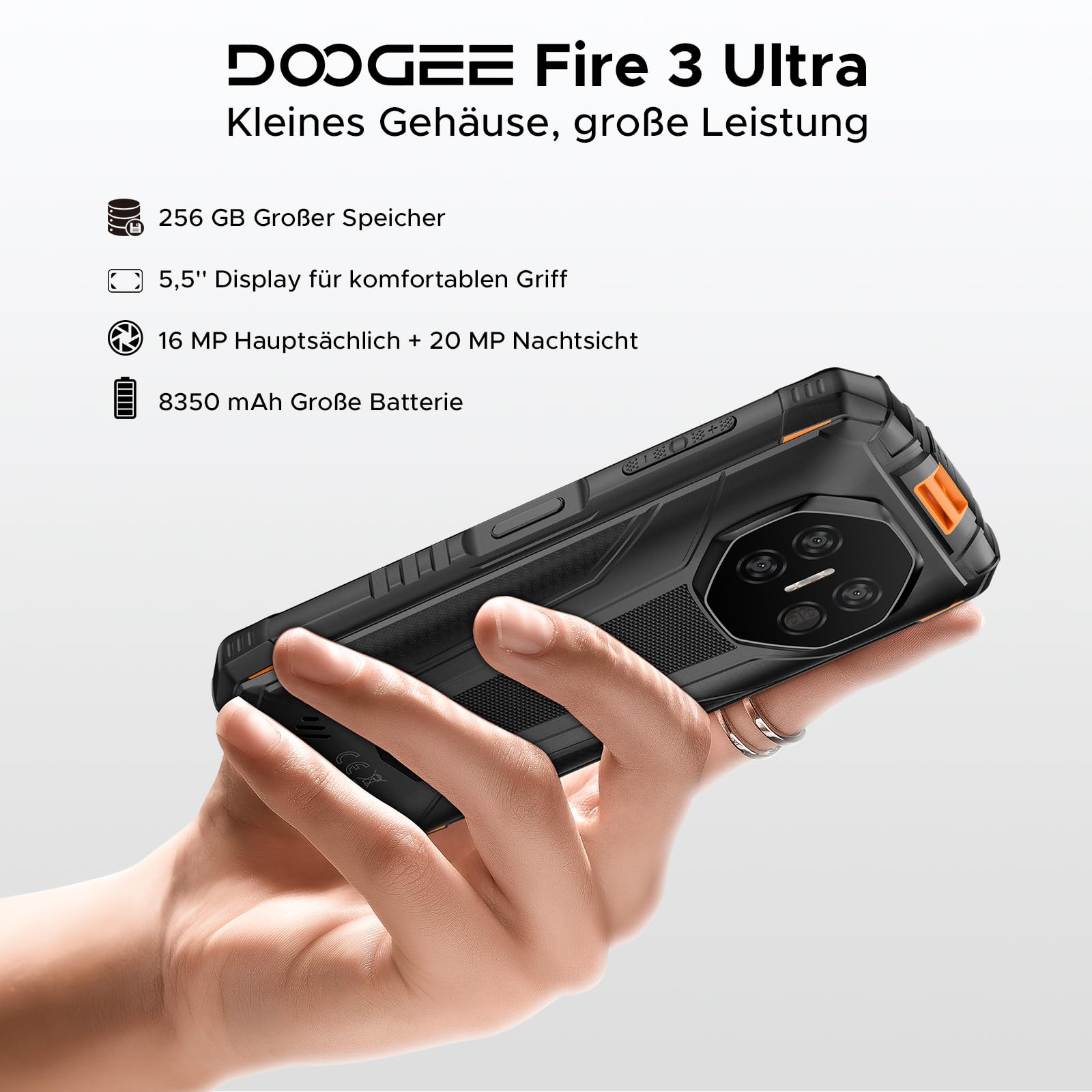 Fire 3 Ultra Android 15 AI Outdoor Mobile Phone Without Contract, 24GB + 256GB/2TB TF Outdoor Smartphone, 8350mAh 5.5 Inch HD+16MP Gemini AI + 20MP Night Vision Camera, NFC, Face ID, OTG