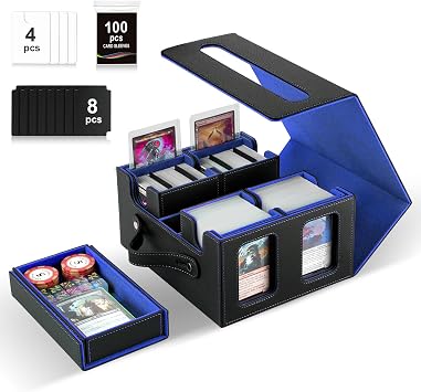 Commander Deck Box for MTG,Card Storage Box Fits 400+ Double-Sleeved Cards,4 Removable deck Case with Display Windows&Handle,Card deck box for TCG/PTCG/EDHBlack &Blue