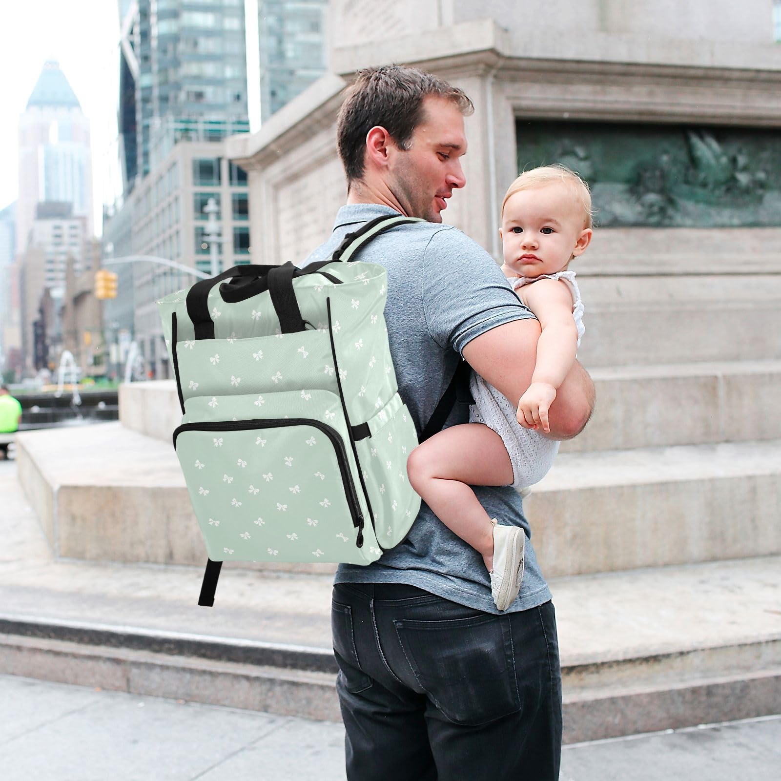 Mnsruu Borsa per pannolini per bambini con fiocco bianco zaino grande borsa impermeabile da viaggio borse per pannolini per mamme e papà