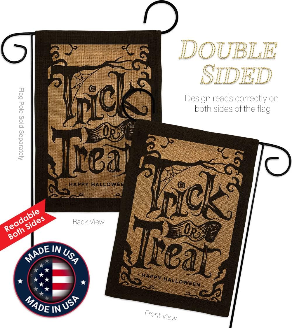 Halloween Trick Burlap Garden Flag - Set with Stand Fall Witch or Treat Spooky Night Black Cat Season Autumntime Pumpkin - House Decoration Banner Small Yard Gift Double-Sided Made in USA 13 X 18.5
