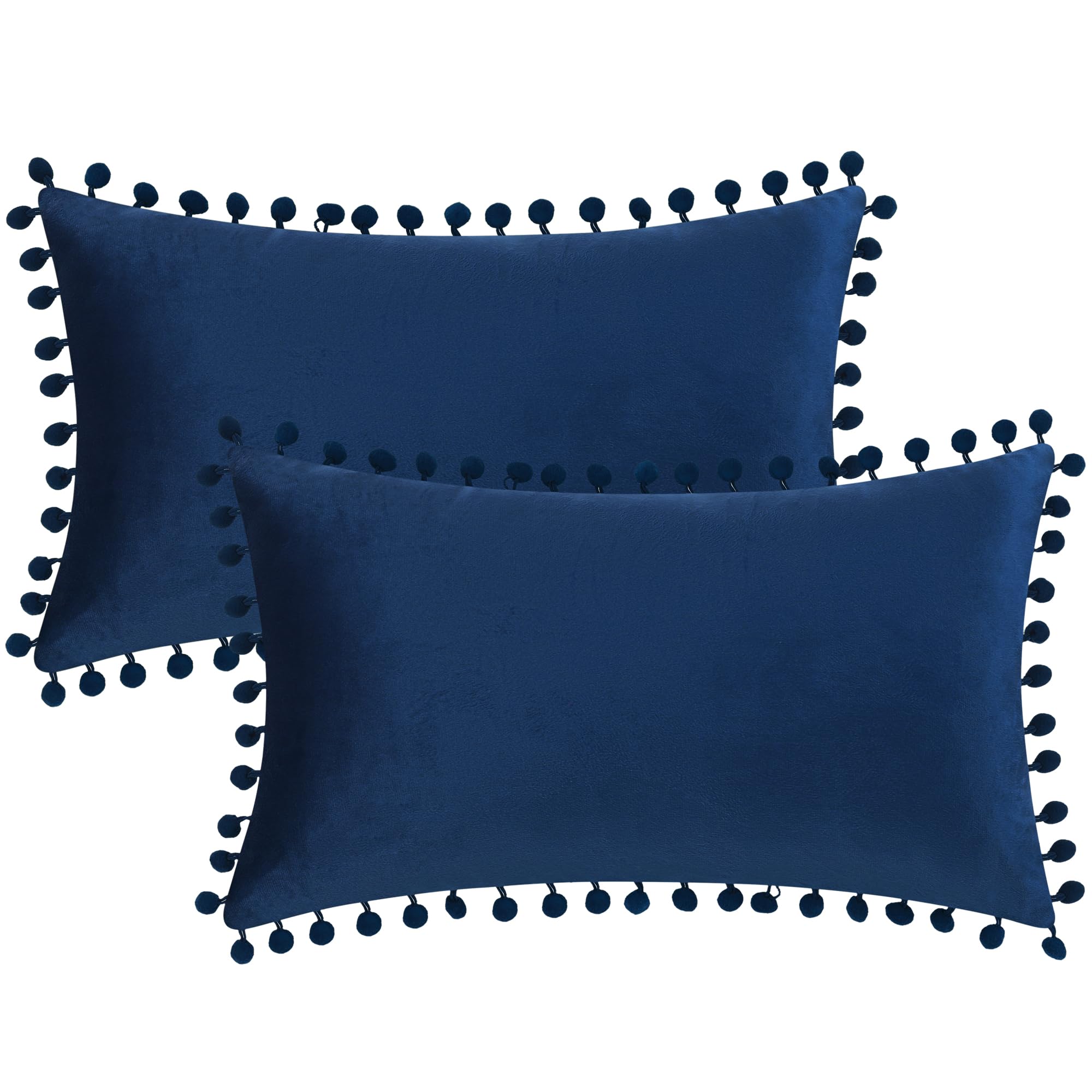 Uxcell Pack of 2 Velvet Throw Pillow Covers with Pompoms Decorative Pillow Cases Fringe Cushion Covers Velvet Square Sham for Farmhouse Bedroom Living Room Dark Blue 30 x 50 cm