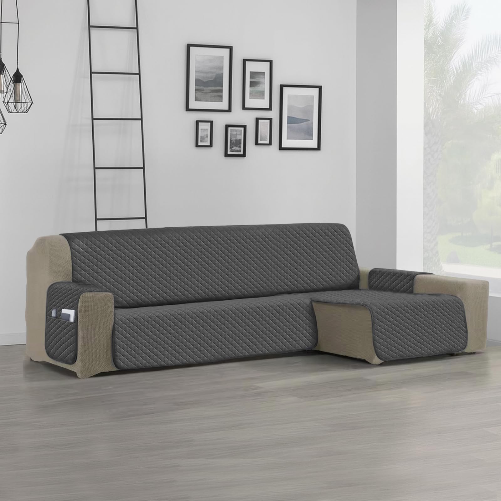 DALINA Funda de Sofá Chaise Longue Derecha (2m de Ancho Total) Impermeable y Antideslizante, Cubre Sofá Ajustable con Bolsillos, Apto para Mascotas, Resistente al Desgaste, Lavable - Gris Oscuro