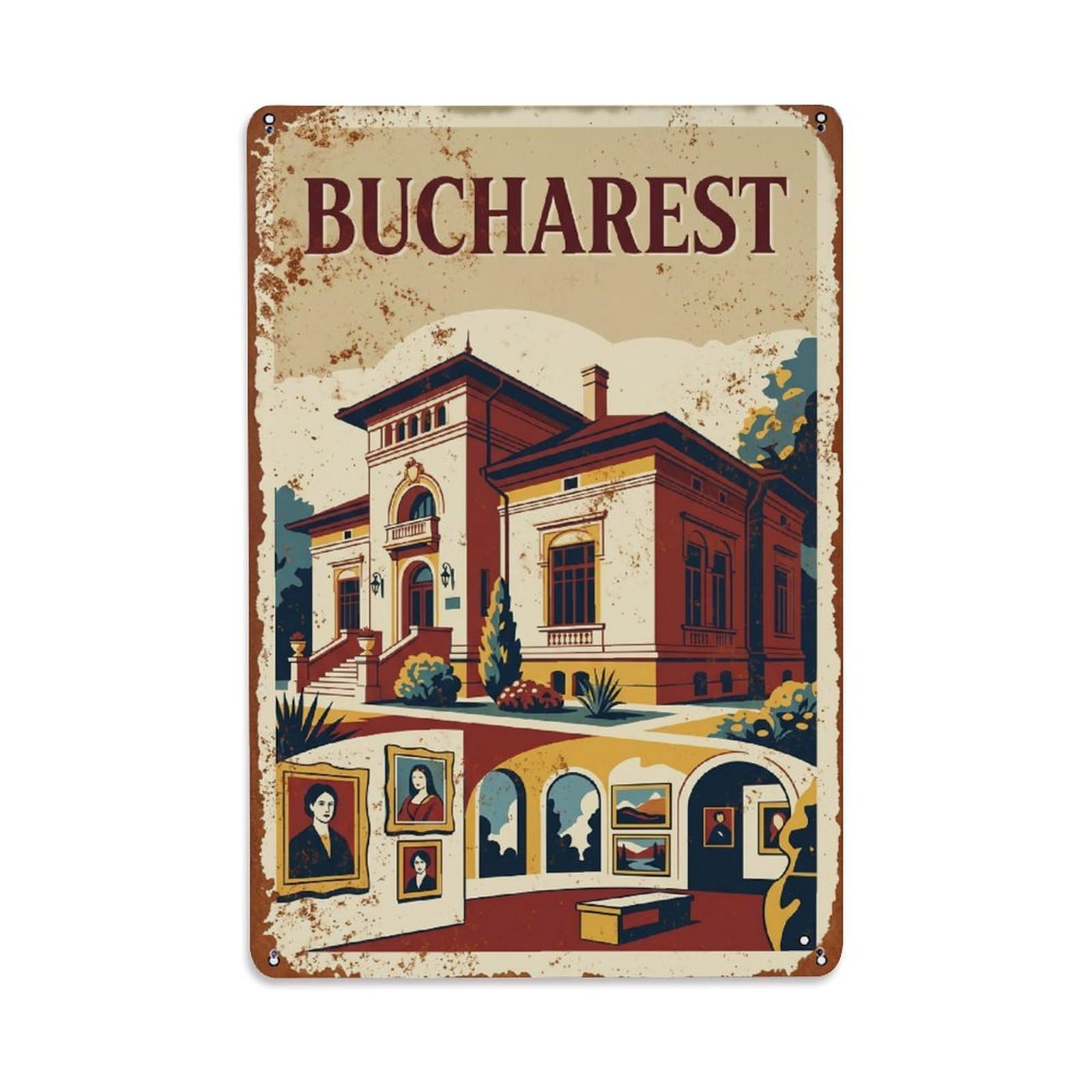 Vintage Travel Bucharest Zambaccian Museum Art Romania Metal Tin Sign Plaque Wall Decor for Cafe, Club Bar, Office, Home Garden Metal Poster 8x12Inch
