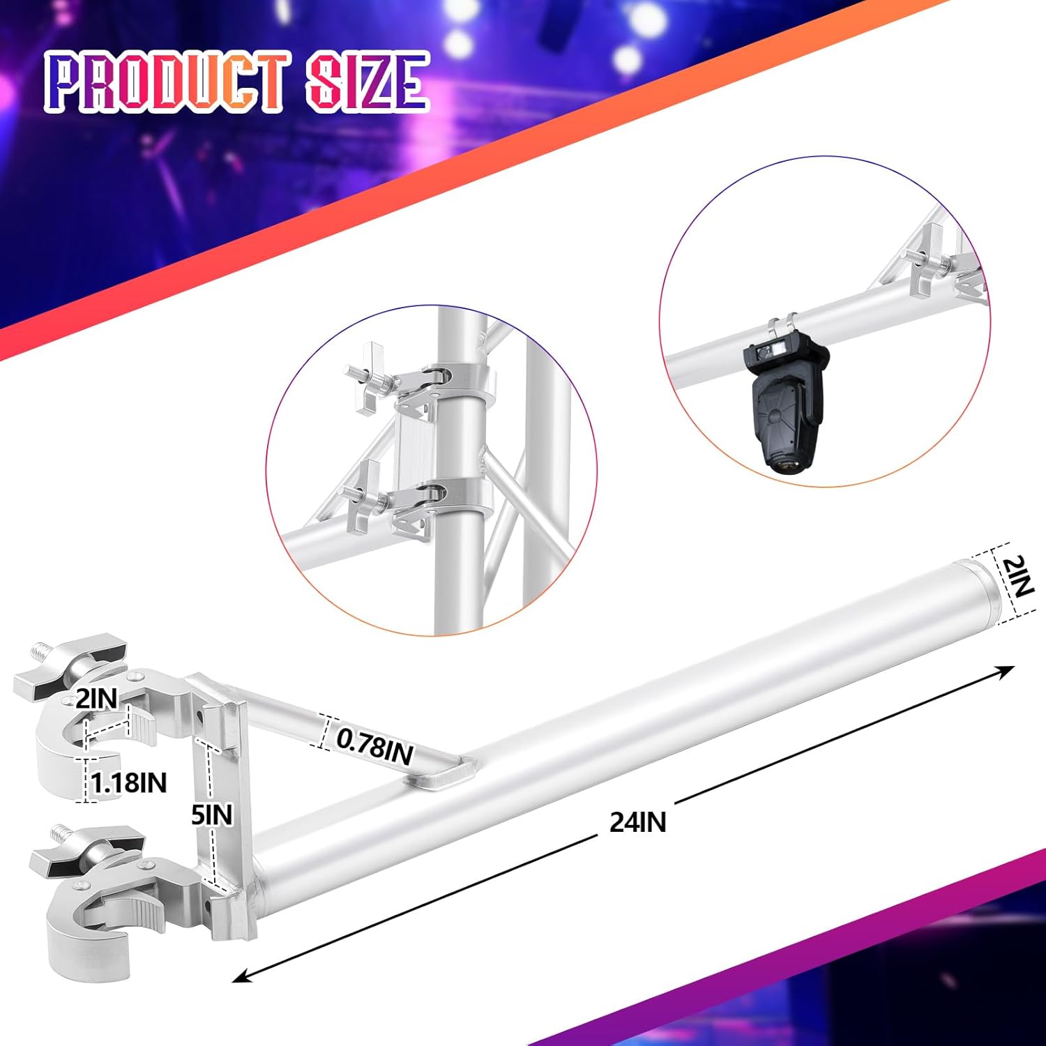 Yaocom 1 Set 24 Inch Truss Arm Extension Pole with Dual Self-locking Clamps, 2 Inch/ 50mm Standard Truss Fit, Aluminum for Pro Audio Lighting, Stage DJ Rig Mounting
