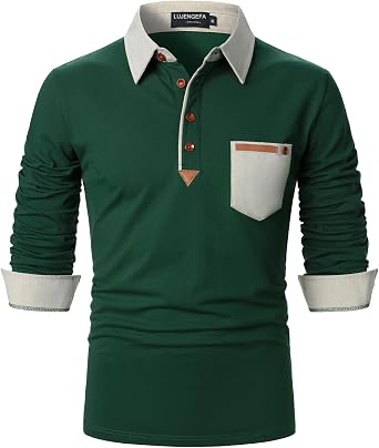Long Sleeve Polo Shirts for Men Stylish Patchwork Contrasting Color Golf Polos Cotton Polo Shirt Tops with Pocket