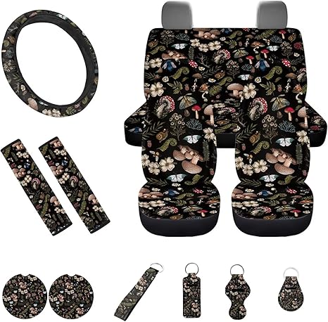 Boho Fern Flower Insect Butterfly Snail Mushroom Print Car Seat Covers 13PCS Car Accessories Steering Wheel Covers+Seat Belt Pads+Coaster+Key Ring+Lipstick Holder Auto Interior Decor,Black