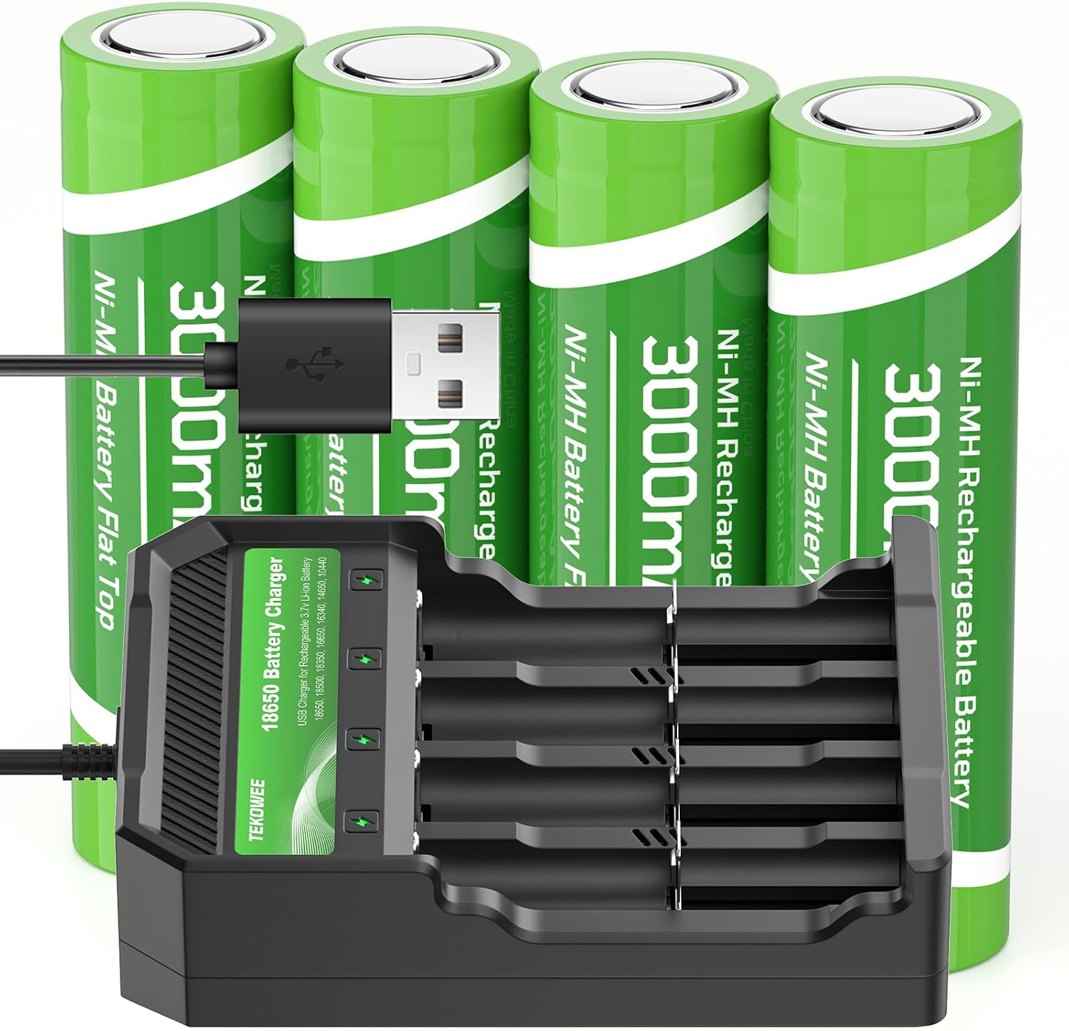 USB Battery Charger with 4 Pack 3000mAh Flat Top Battery Ni-MH, 4 Bay Display Smart Universal USB Battery Chargers for Flashlights,Headlamps,Doorbells,RC Cars,Outdoor Garden Lights,etc