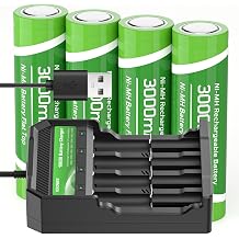 USB Battery Charger with 4 Pack 3000mAh Flat Top Battery Ni-MH, 4 Bay Display Smart Universal USB Battery Chargers for Flashlights,Headlamps,Doorbells,RC Cars,Outdoor Garden Lights,etc
