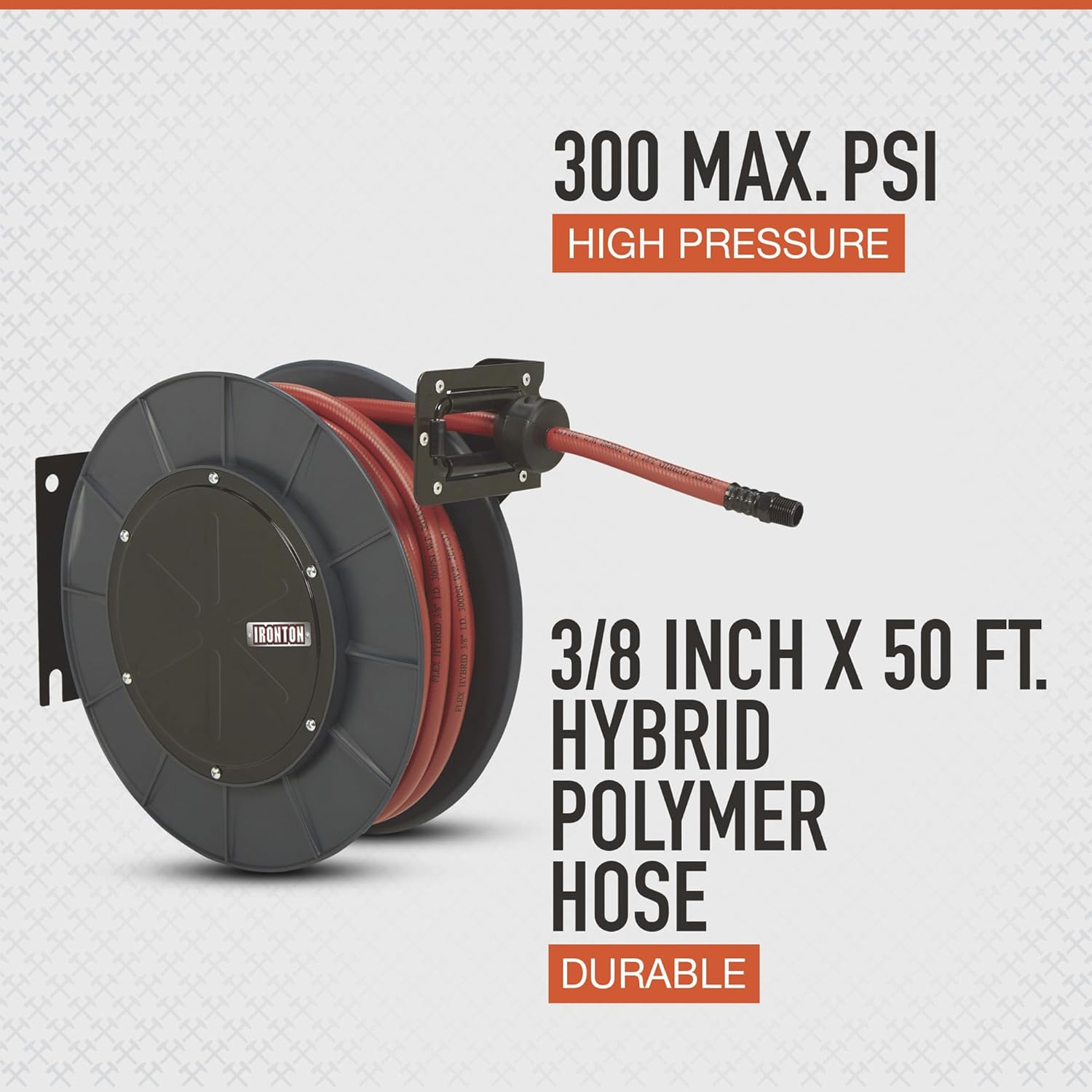 Ironton Auto Rewind Air Hose Reel - with 3/8in. x 50ft. Hybrid Polymer Hose, Max. 300 PSI