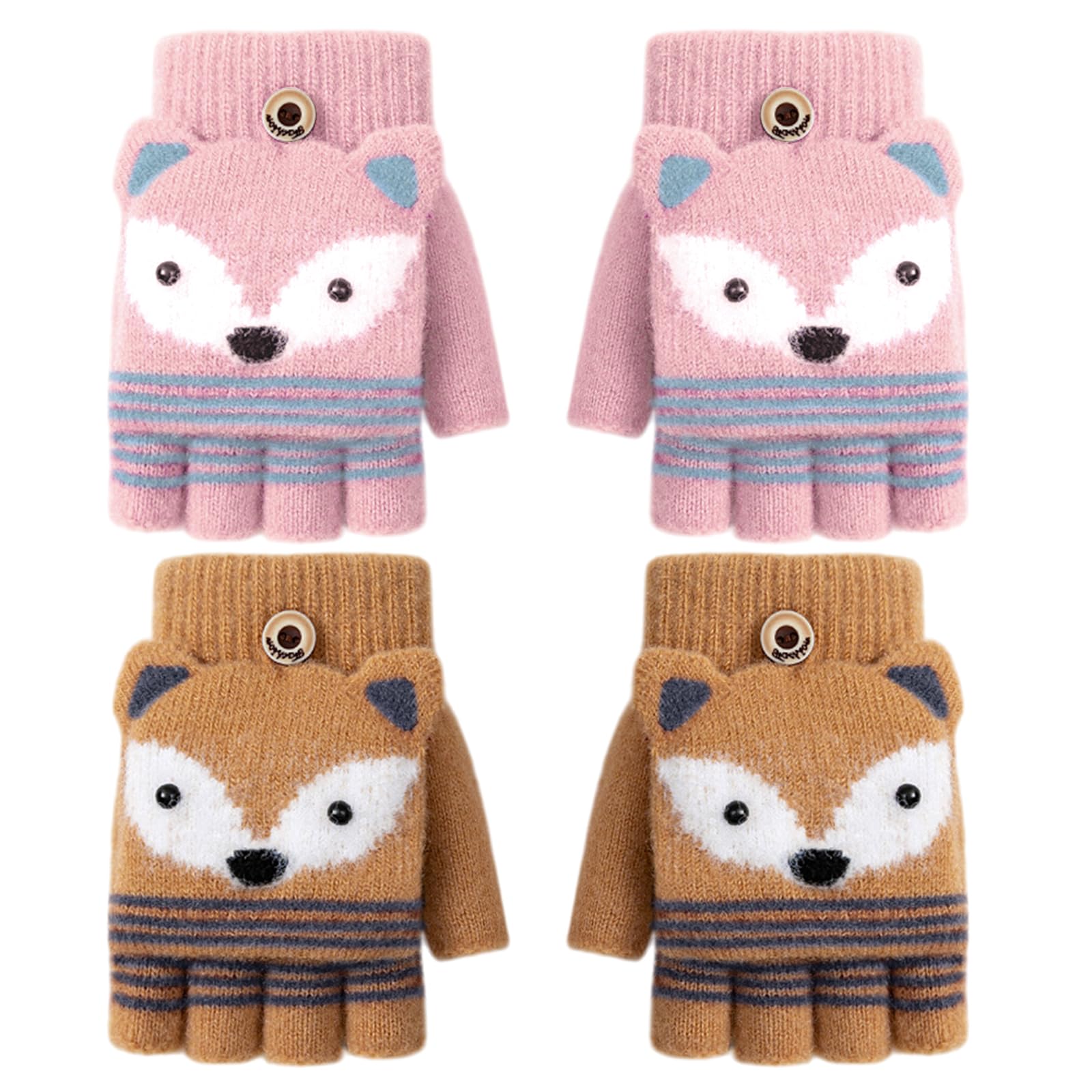 2 Pares Guantes para Niños sin Dedos, Guantes de Invierno para Niños, Cute Guantes Cálidos Convertibles con Tapa Abatible Suaves para Niñas y Niños de 3 a 9 Años